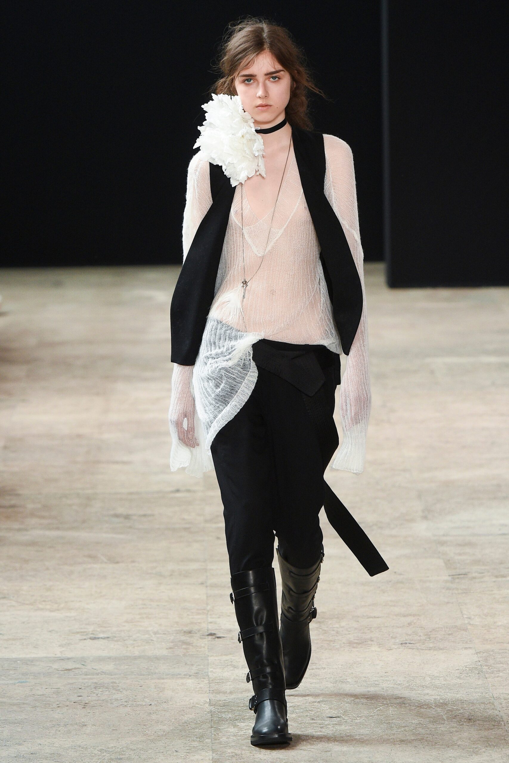 sheer white top with black pants