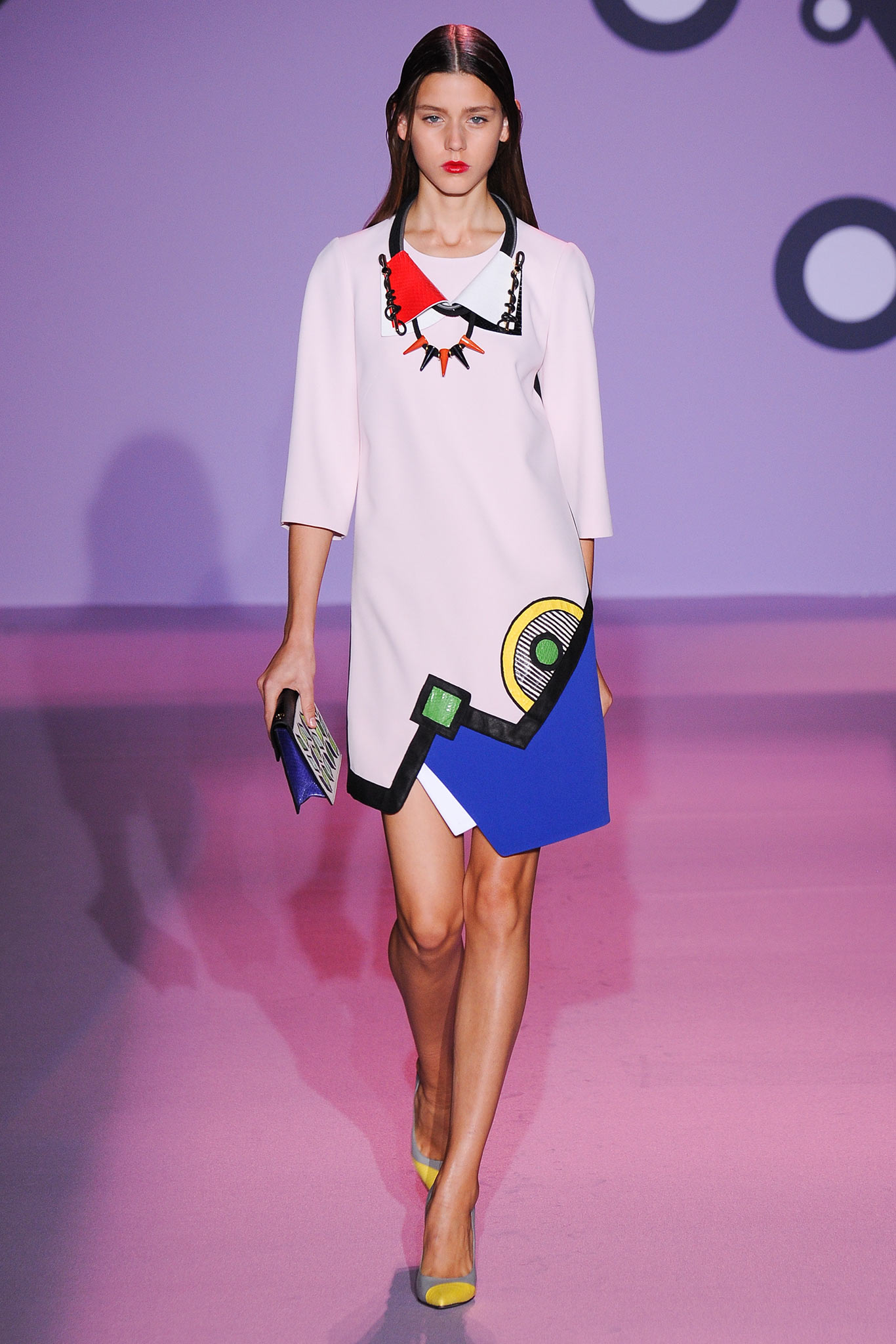 pink long-sleeve collared fitted color-blocked short dress