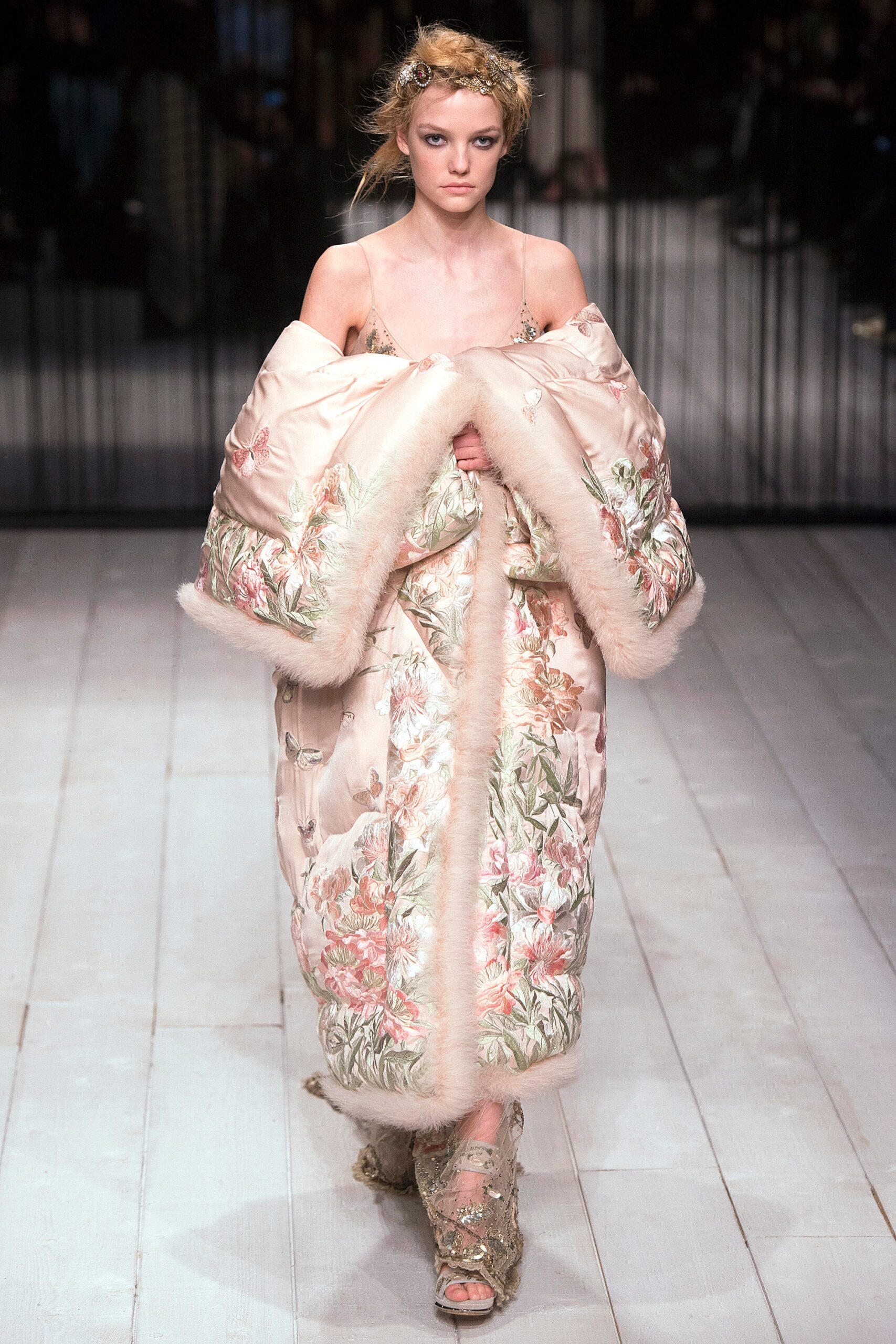 pink embroidered silk gown with coat