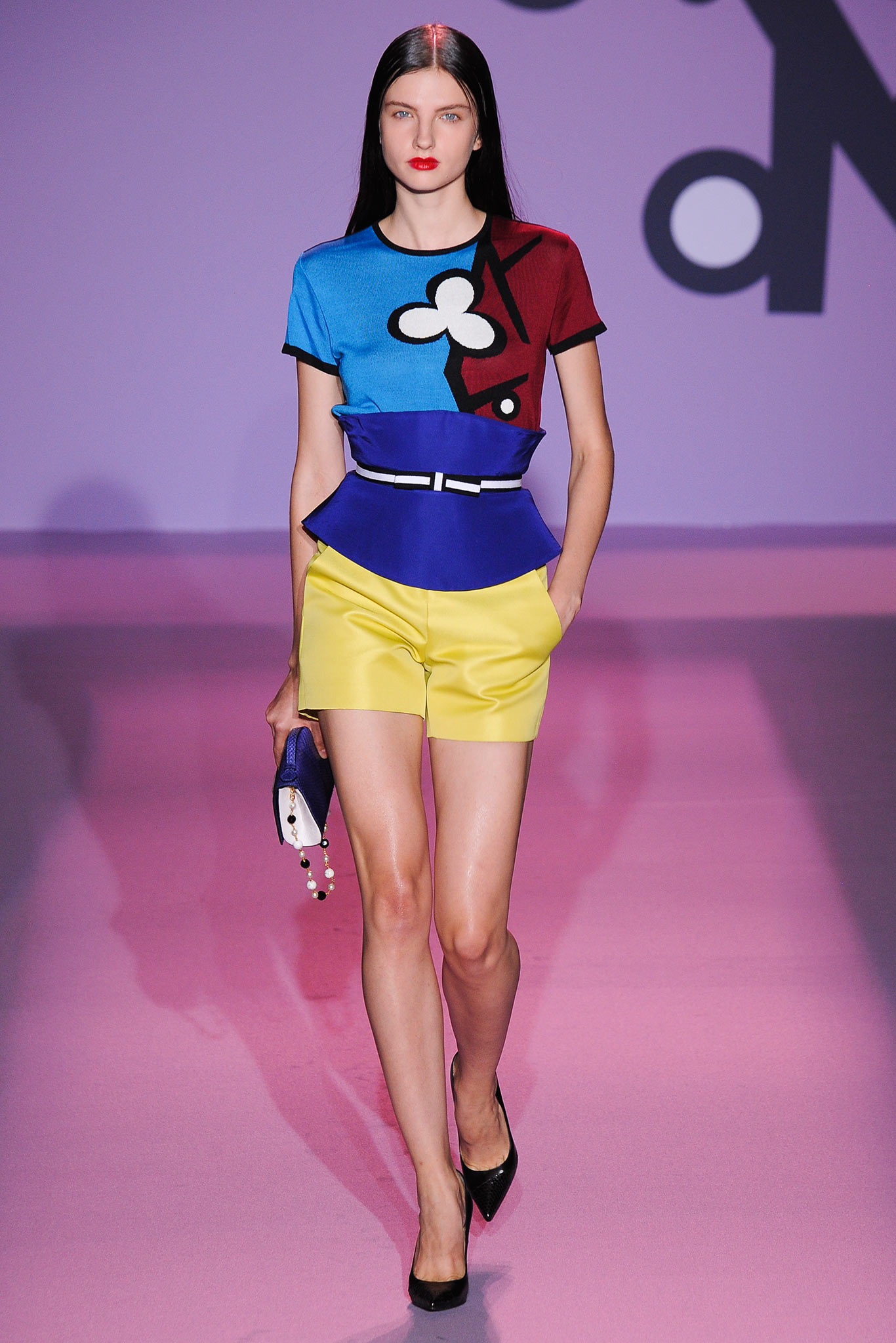 blue short-sleeve collared fitted color-blocked top
