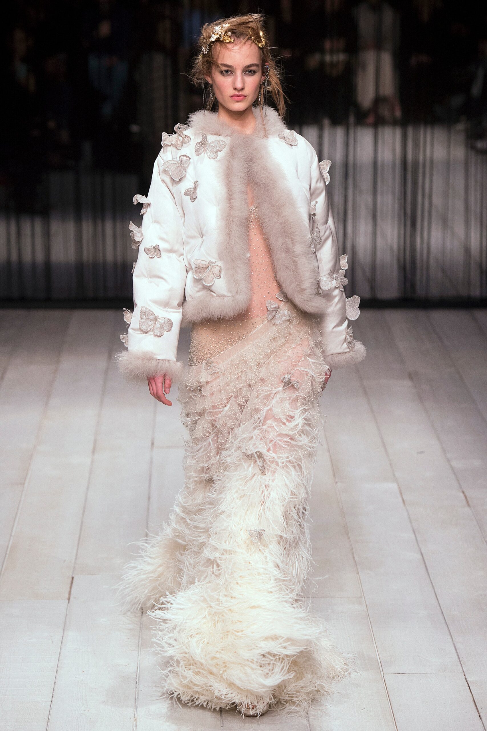 white fur coat and gown