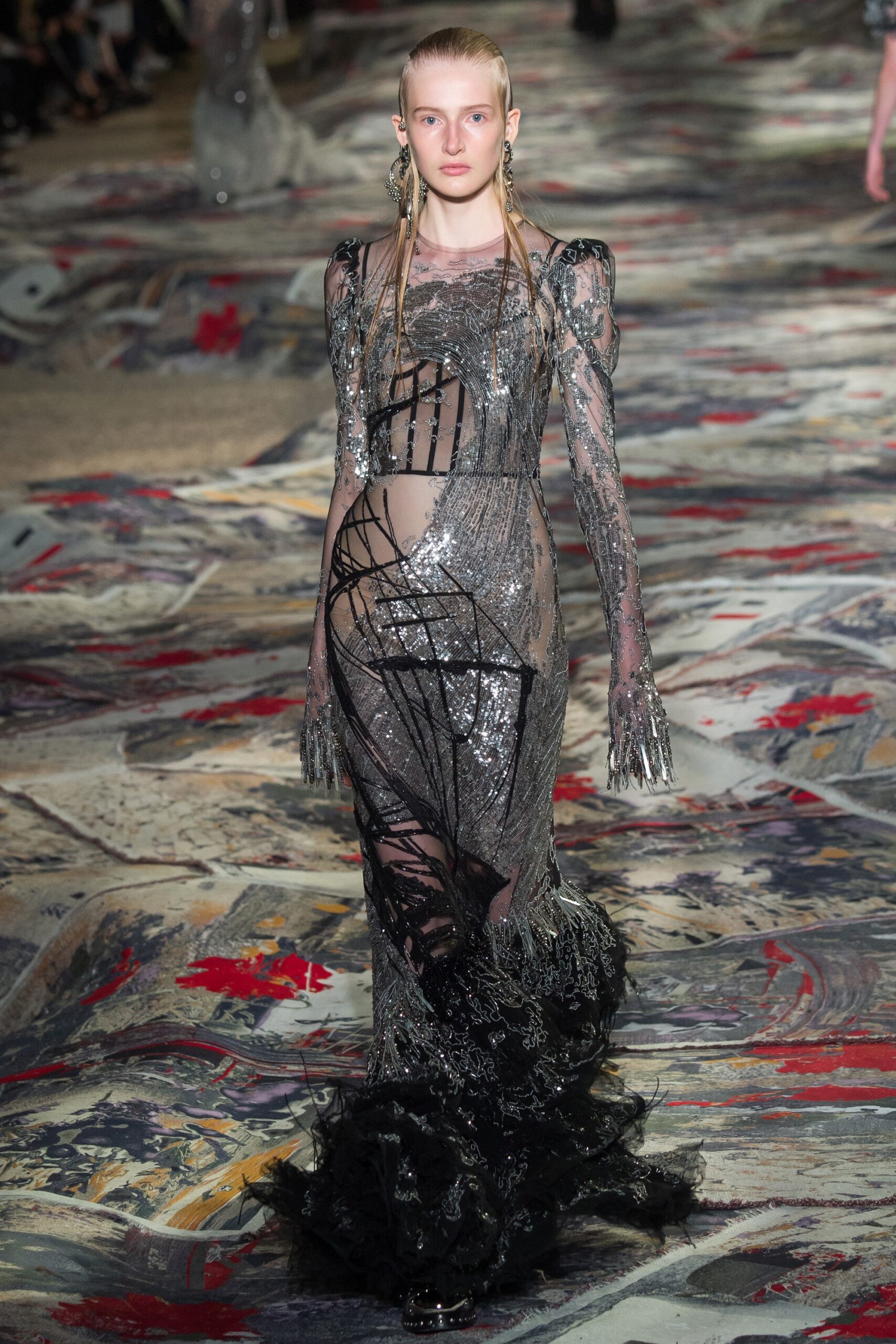 black sequined long-sleeve gown