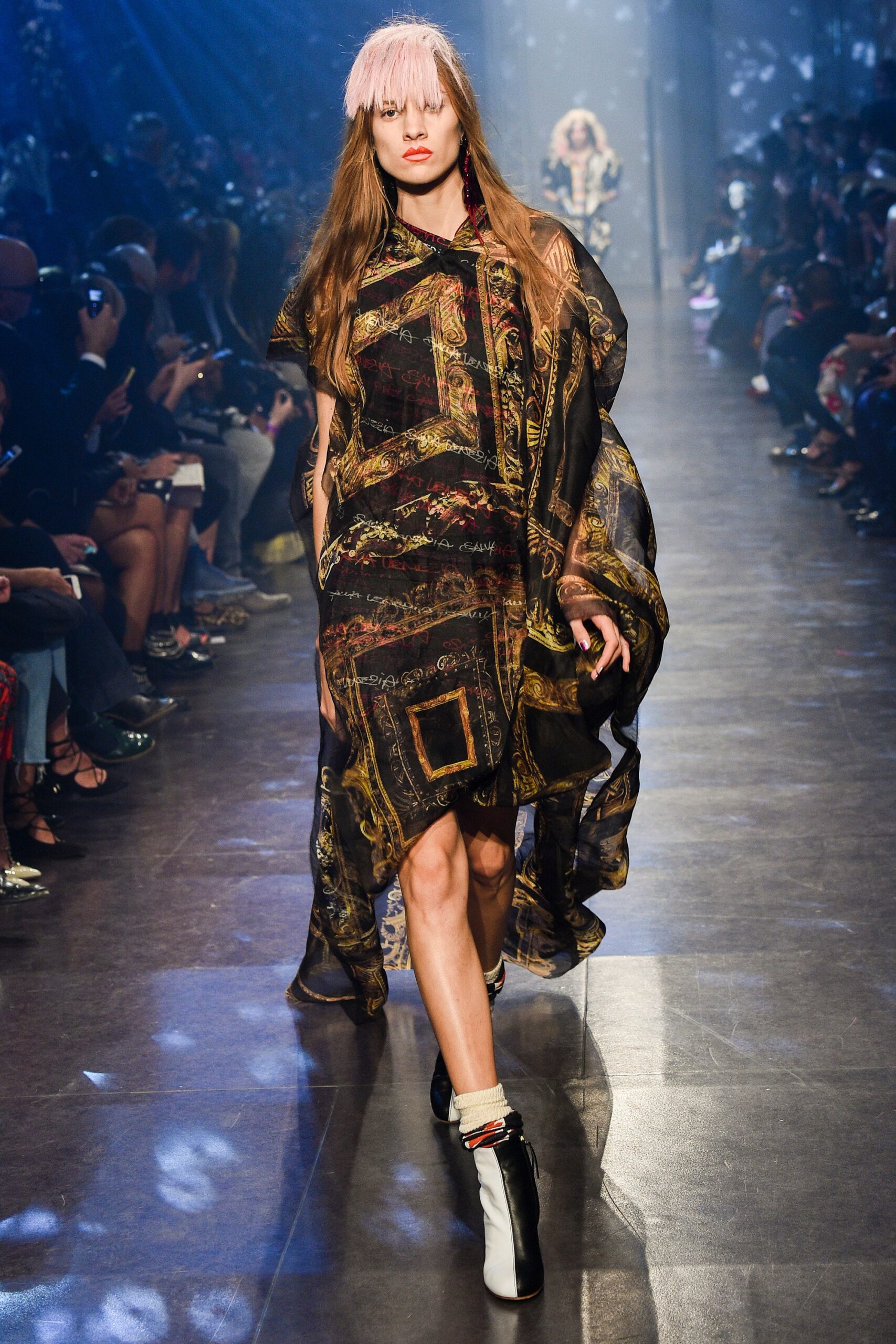 black silk printed mini dress with white boots