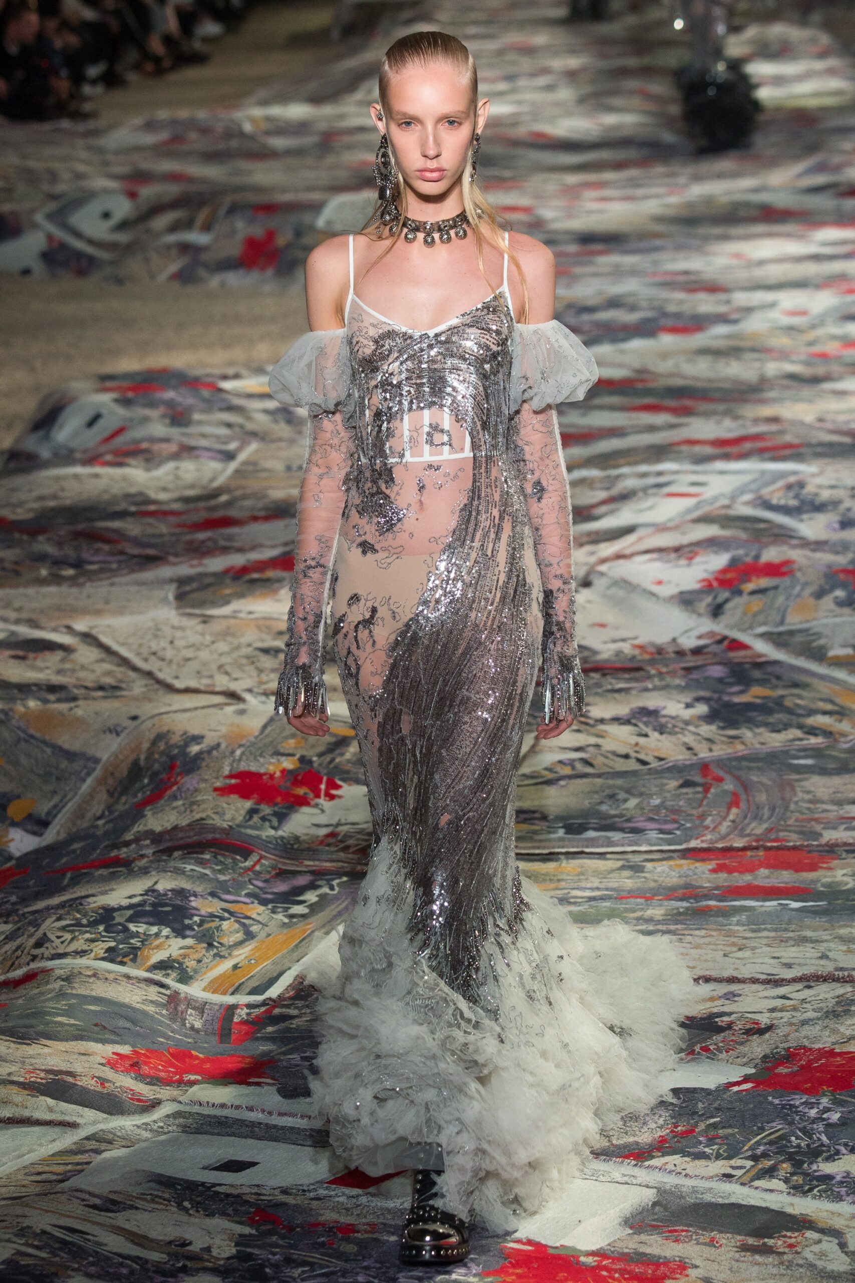 silver sequined off-shoulder gown