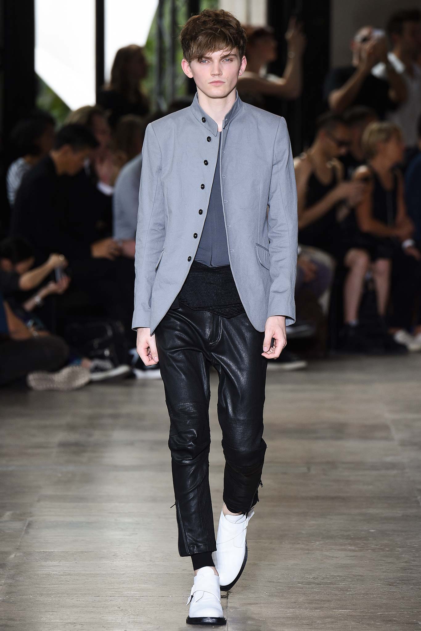 gray tailored jacket black leather pants