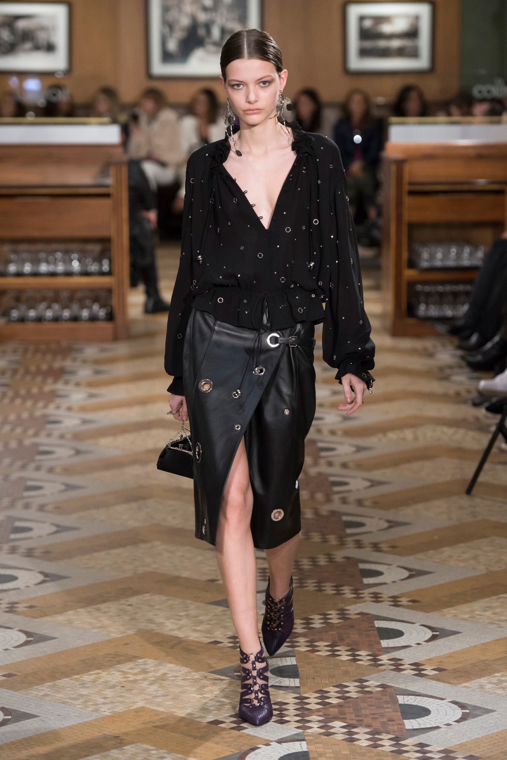 black leather asymmetric slit fitted buttoned skirt