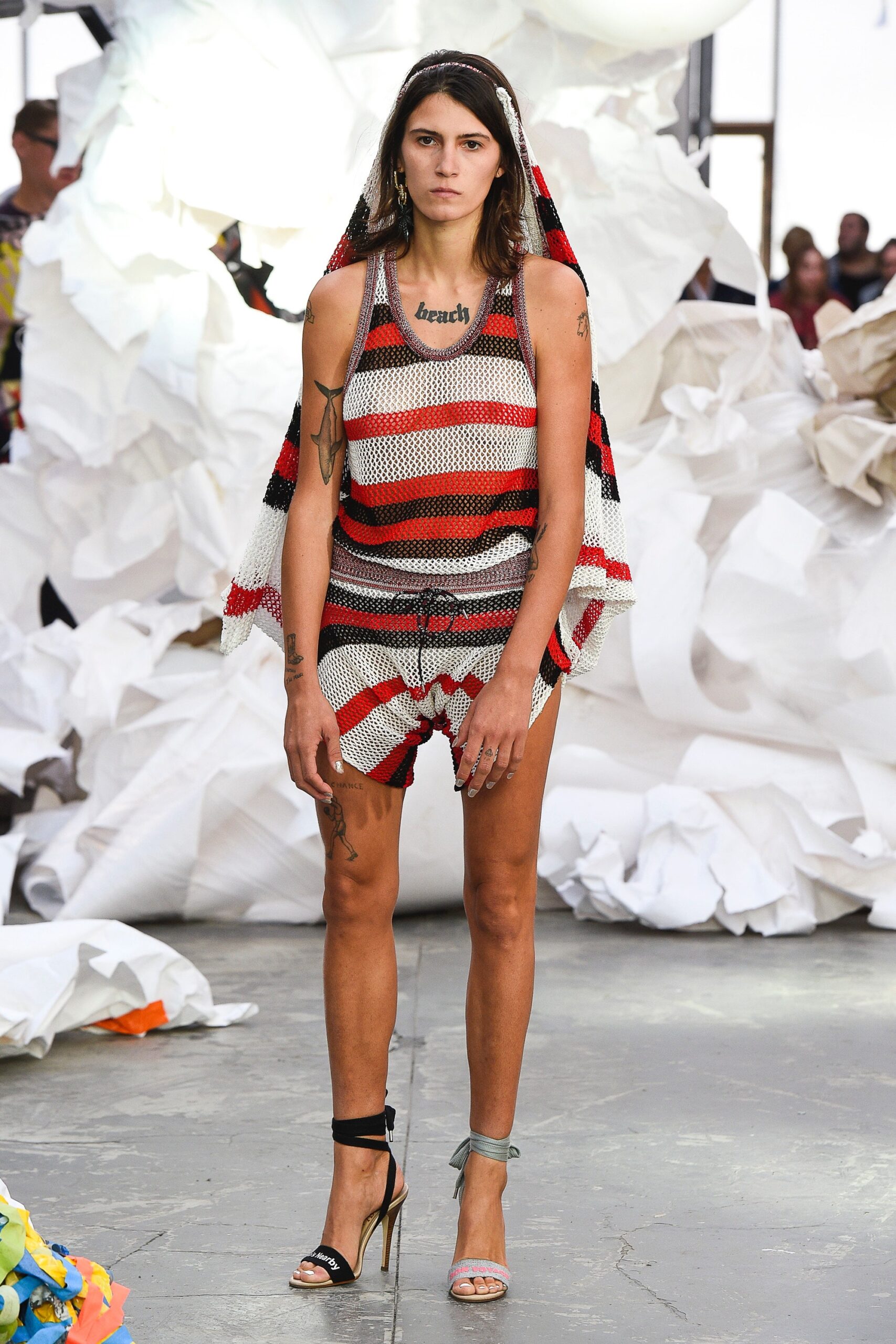 striped fitted romper with strappy heels