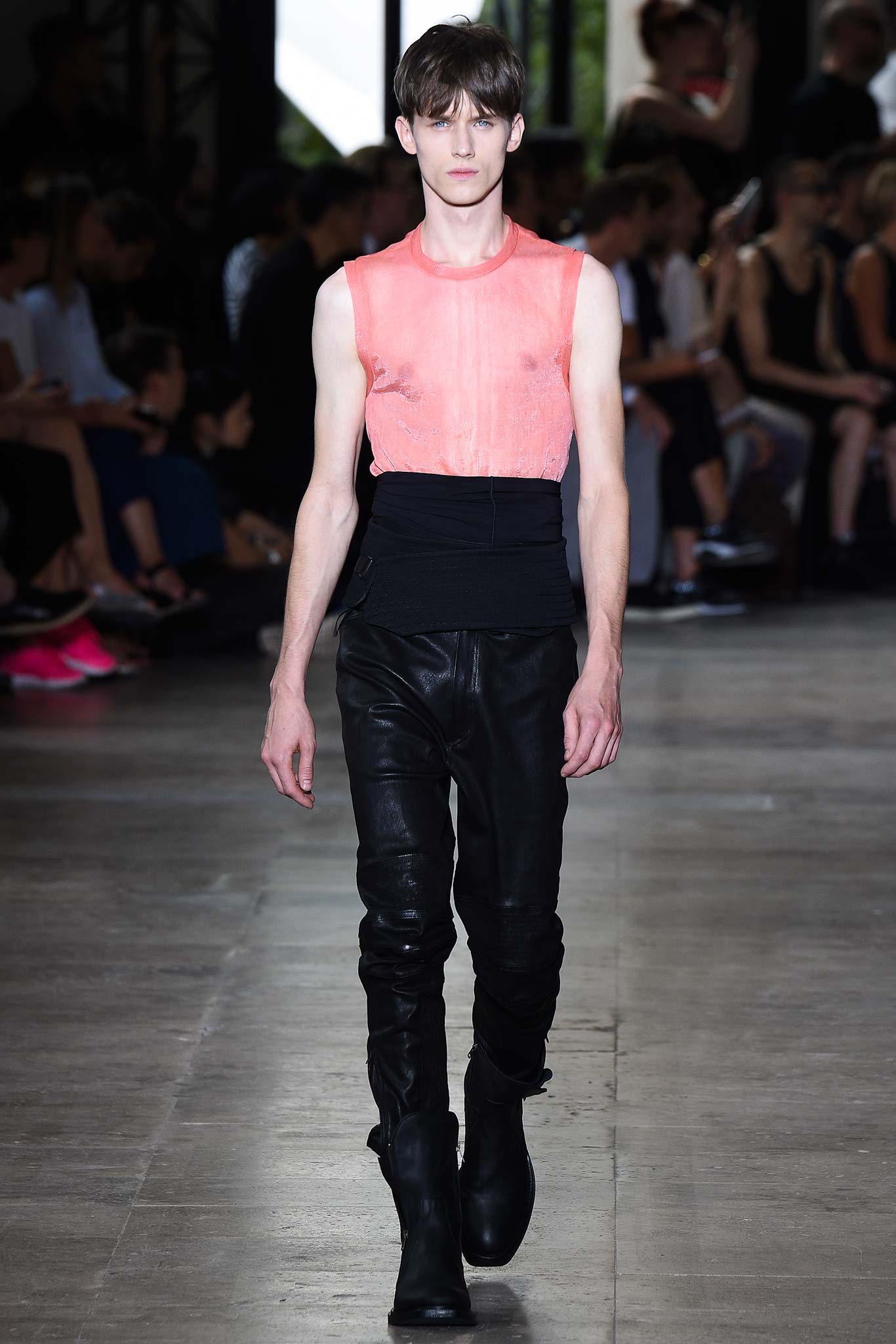 fitted pink sleeveless top with black leather pants