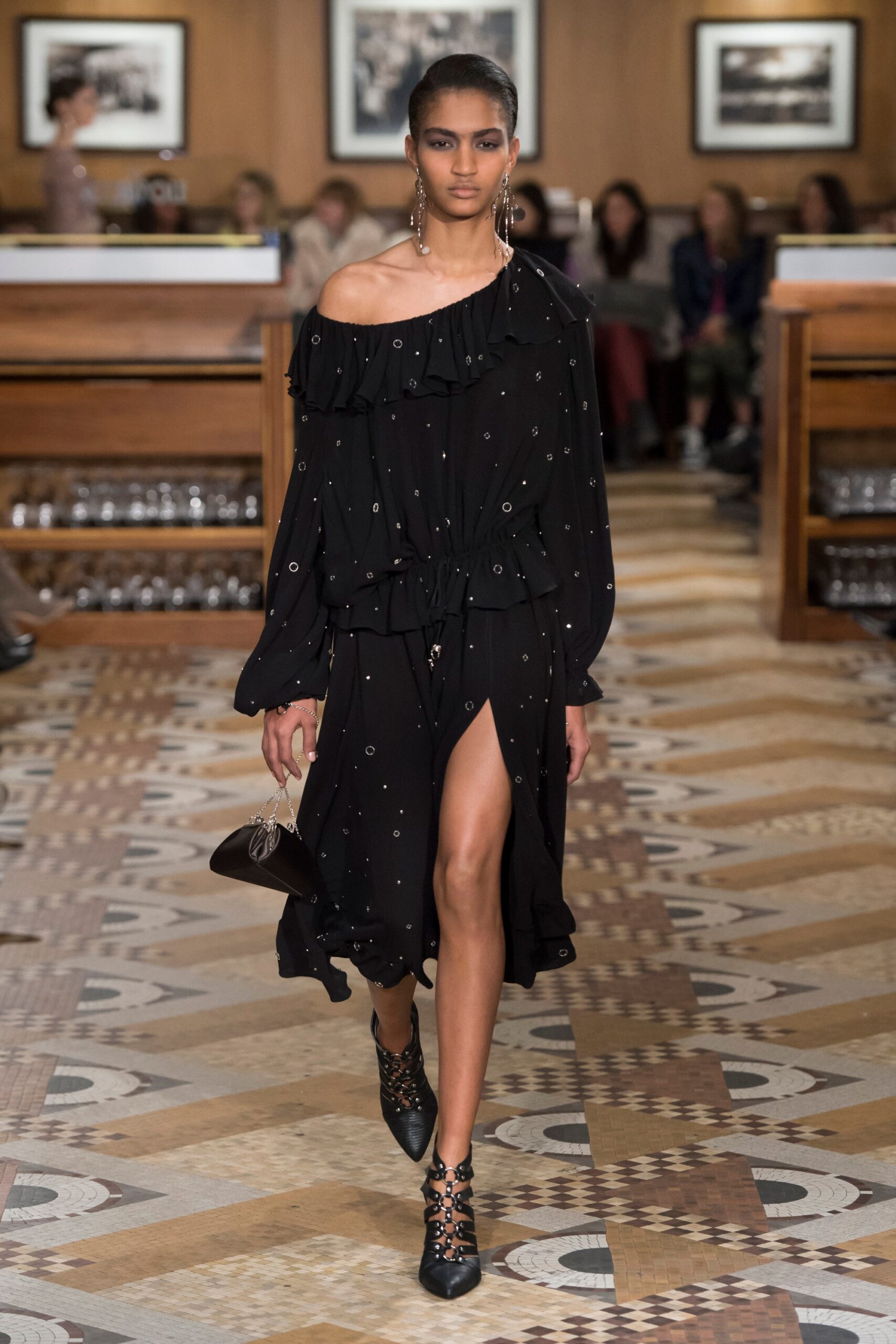 black silk long-sleeve off-shoulder fitted ruffled midi dress