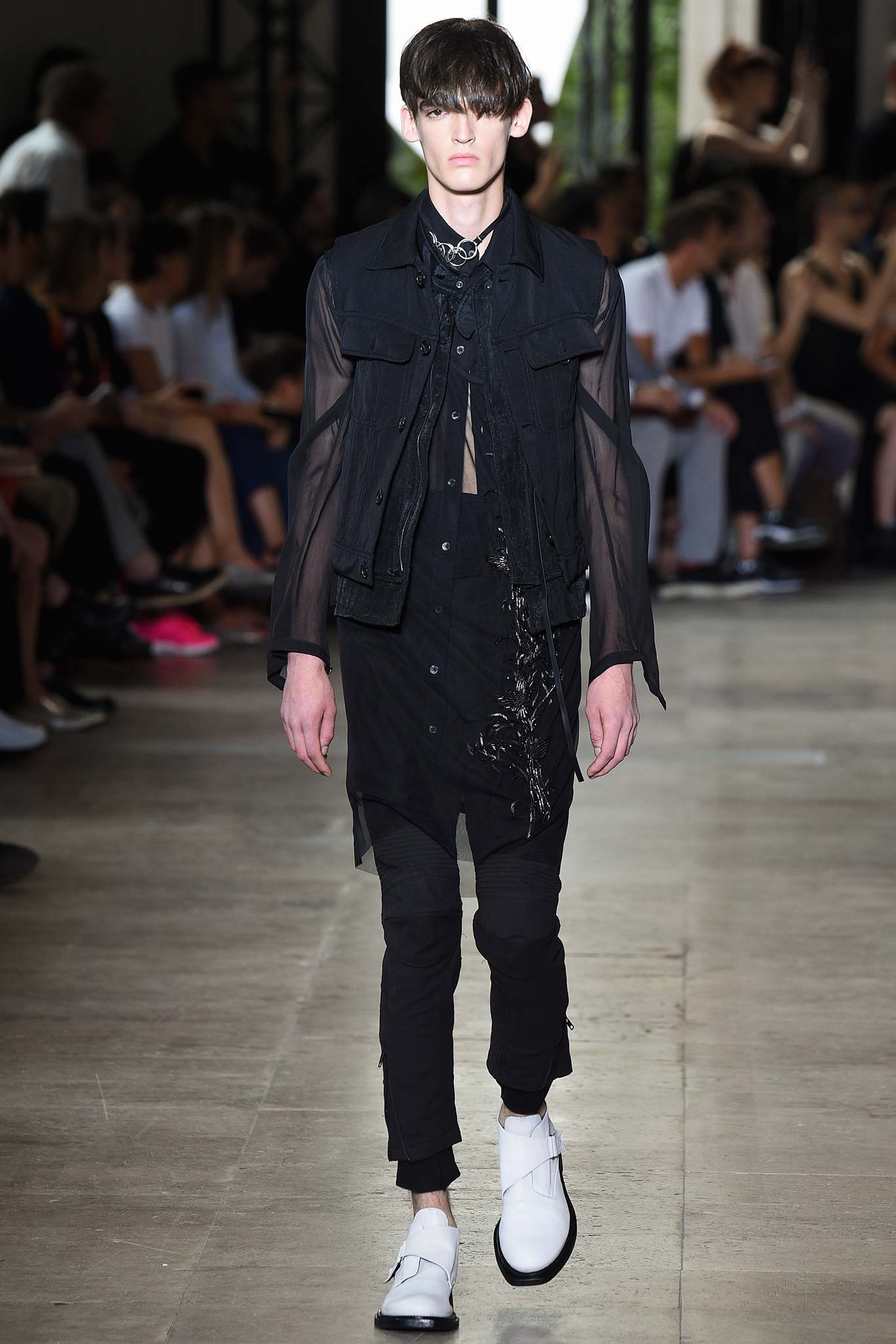 black denim jacket with sheer shirt