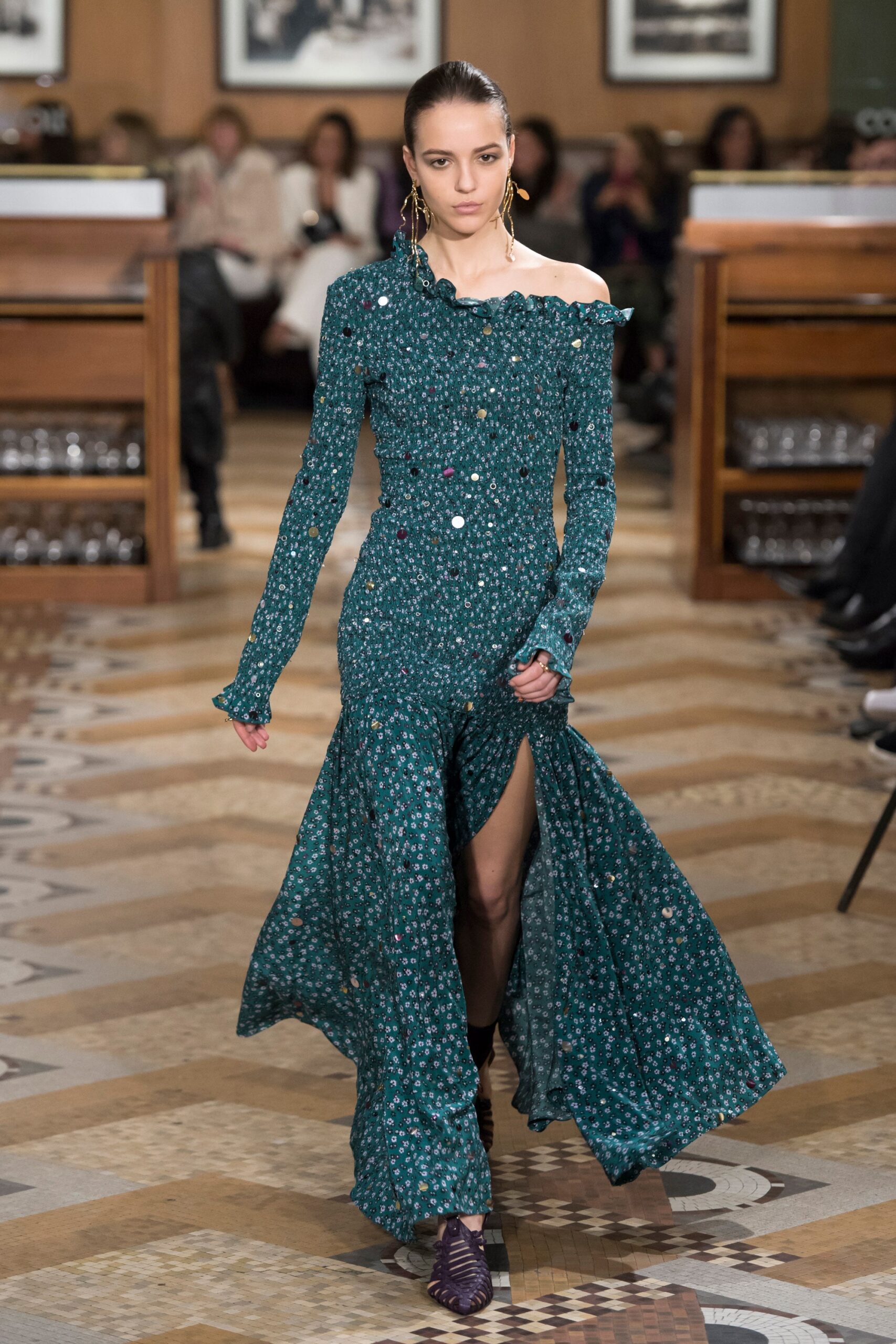 green embroidered off-shoulder dress