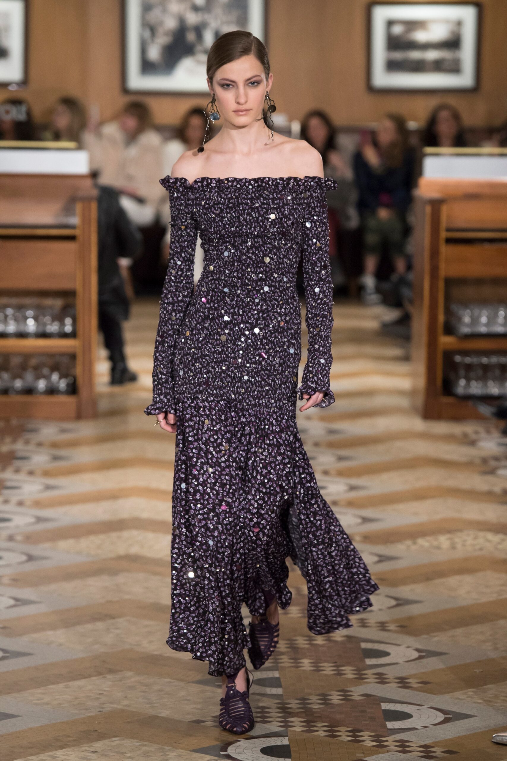 purple off-shoulder ruffled dress