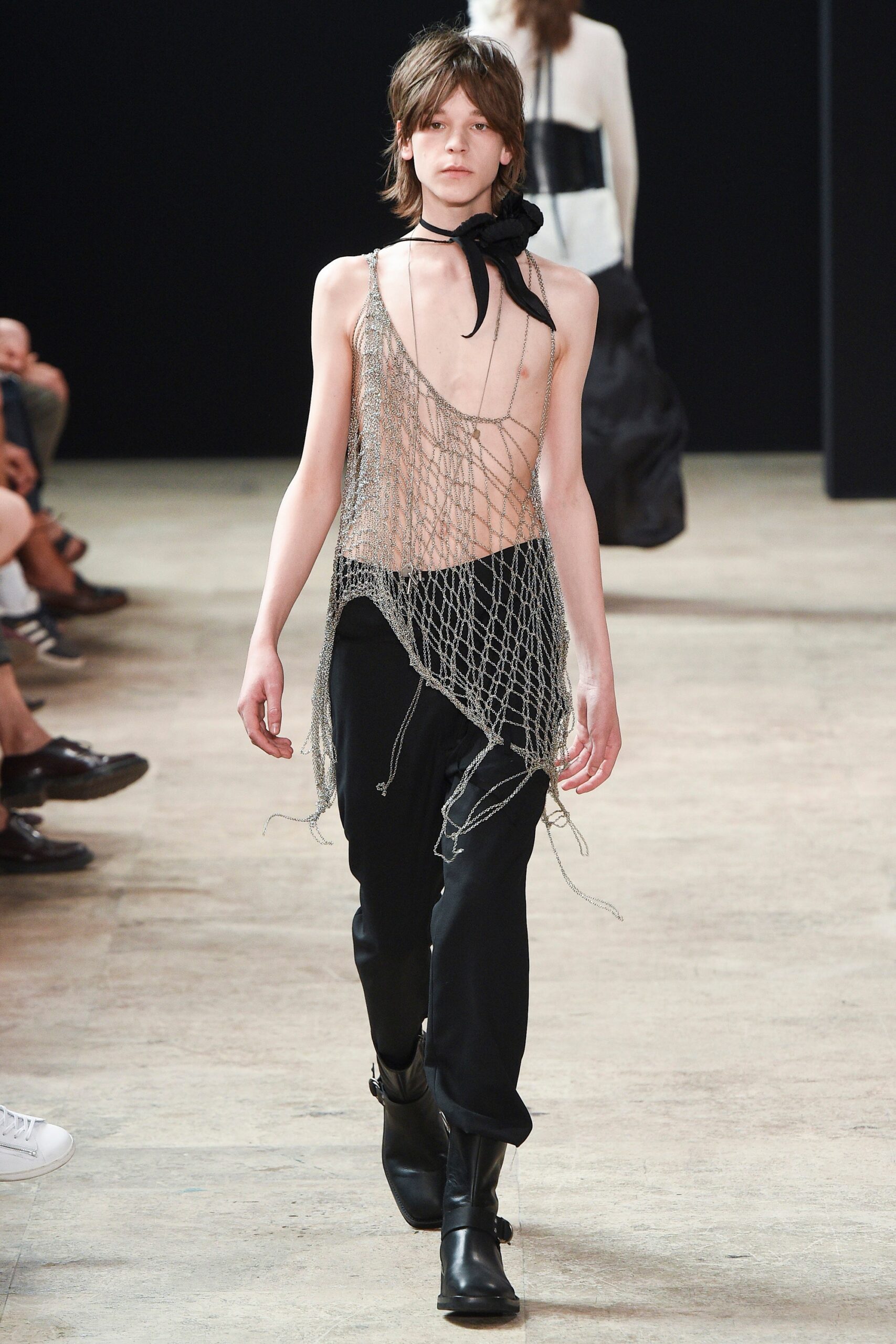 silver mesh top with black pants