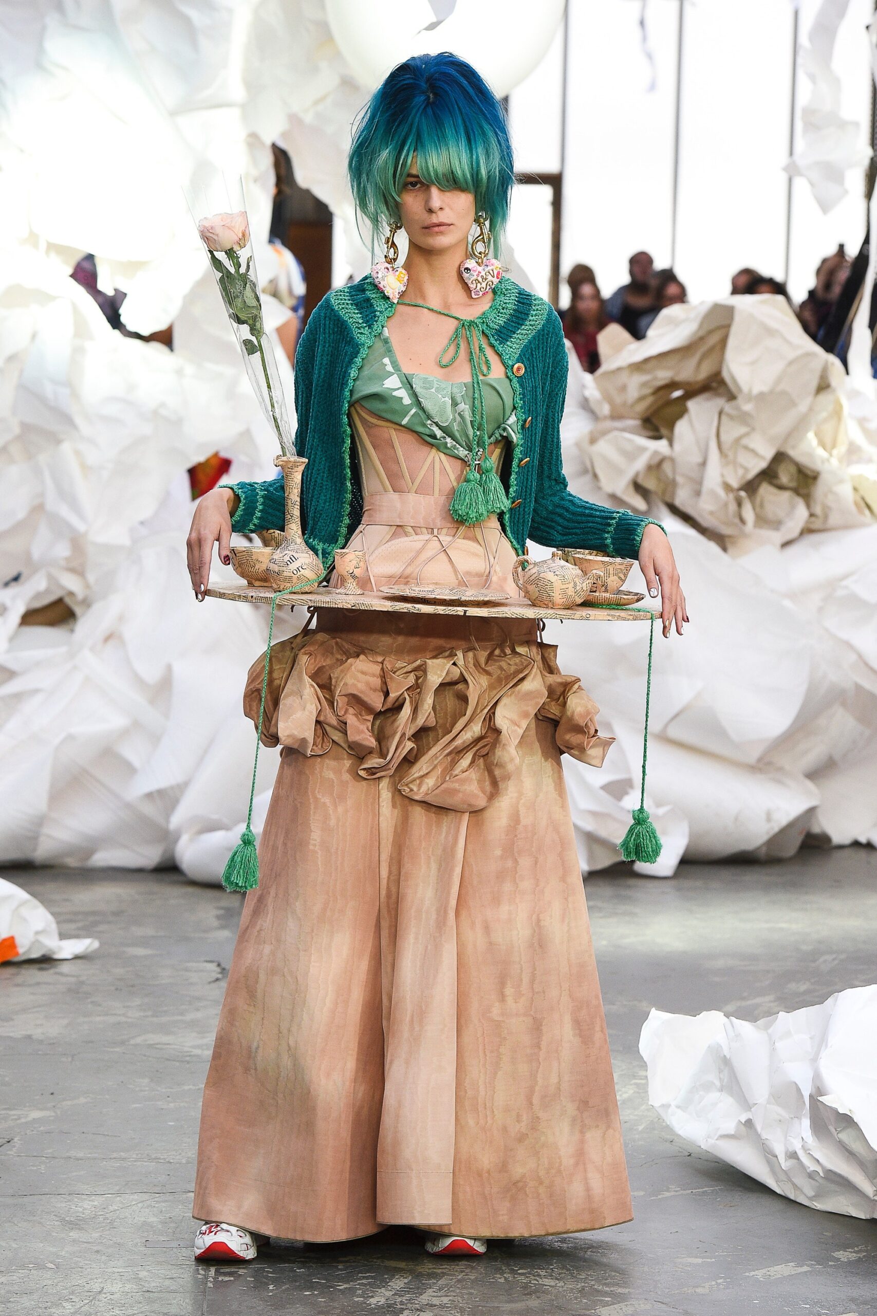 beige tiered maxi dress with green cardigan