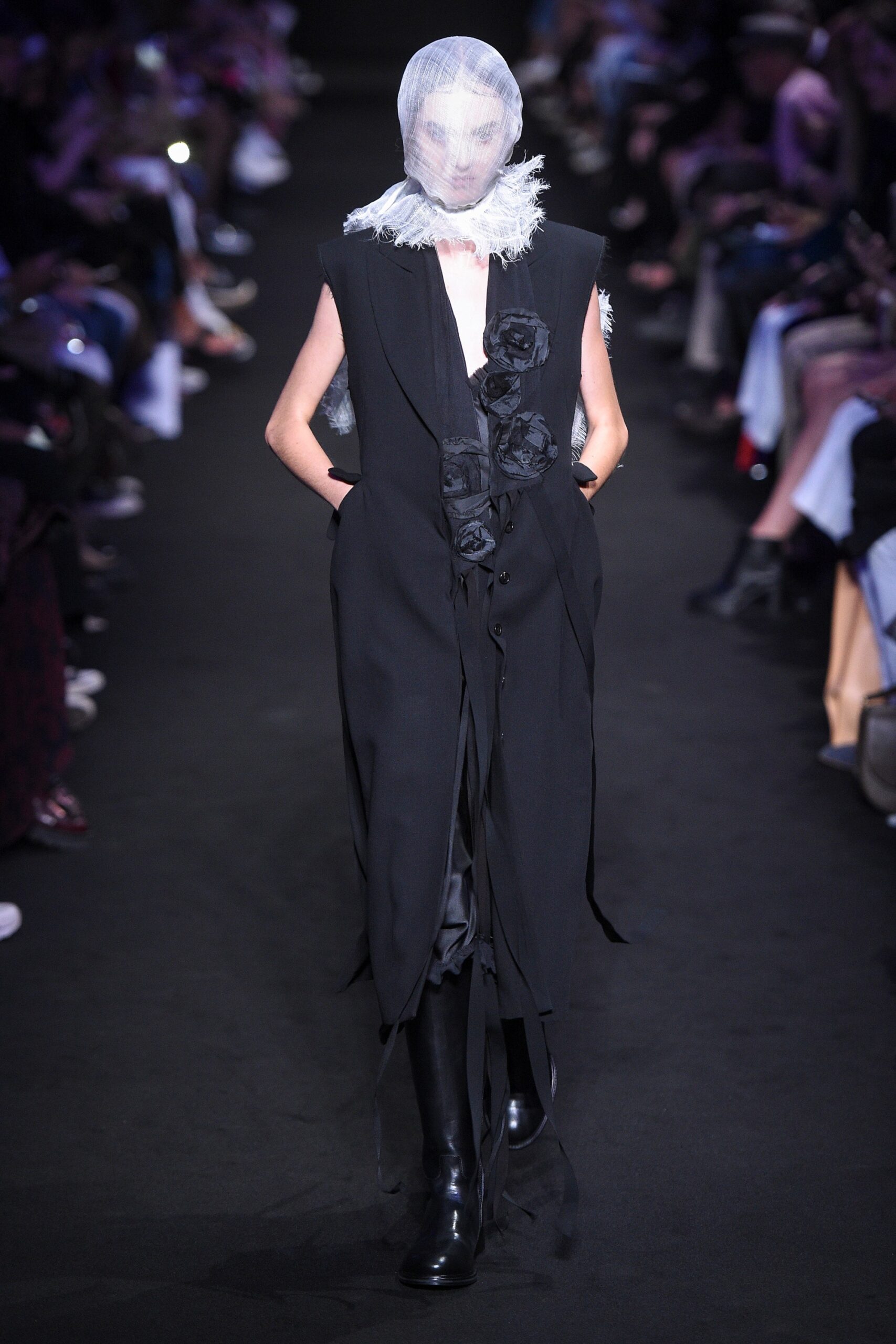 black silk fitted dress with hat