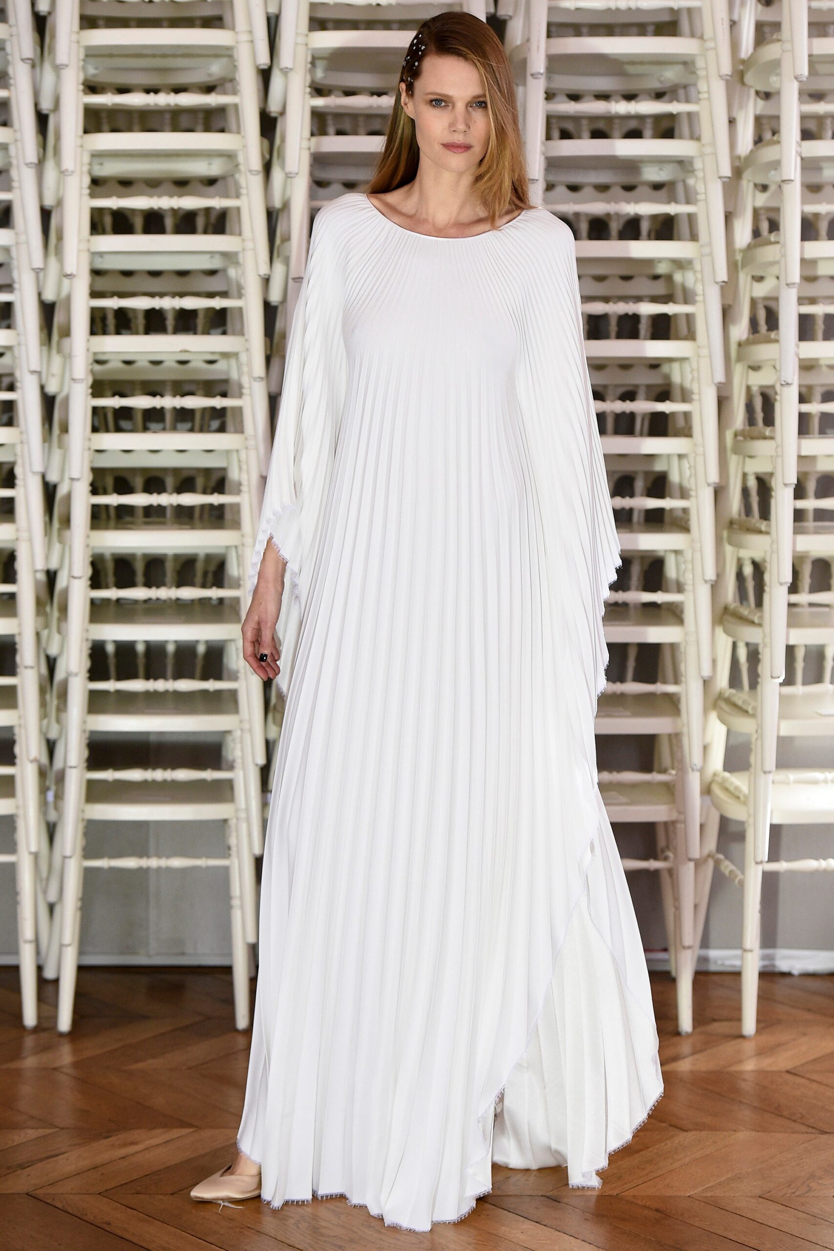 white pleated maxi gown