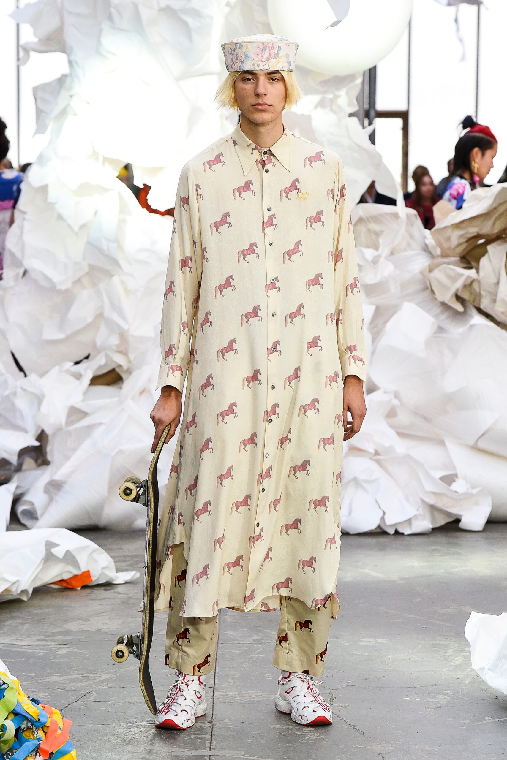 beige printed shirt-dress with pants