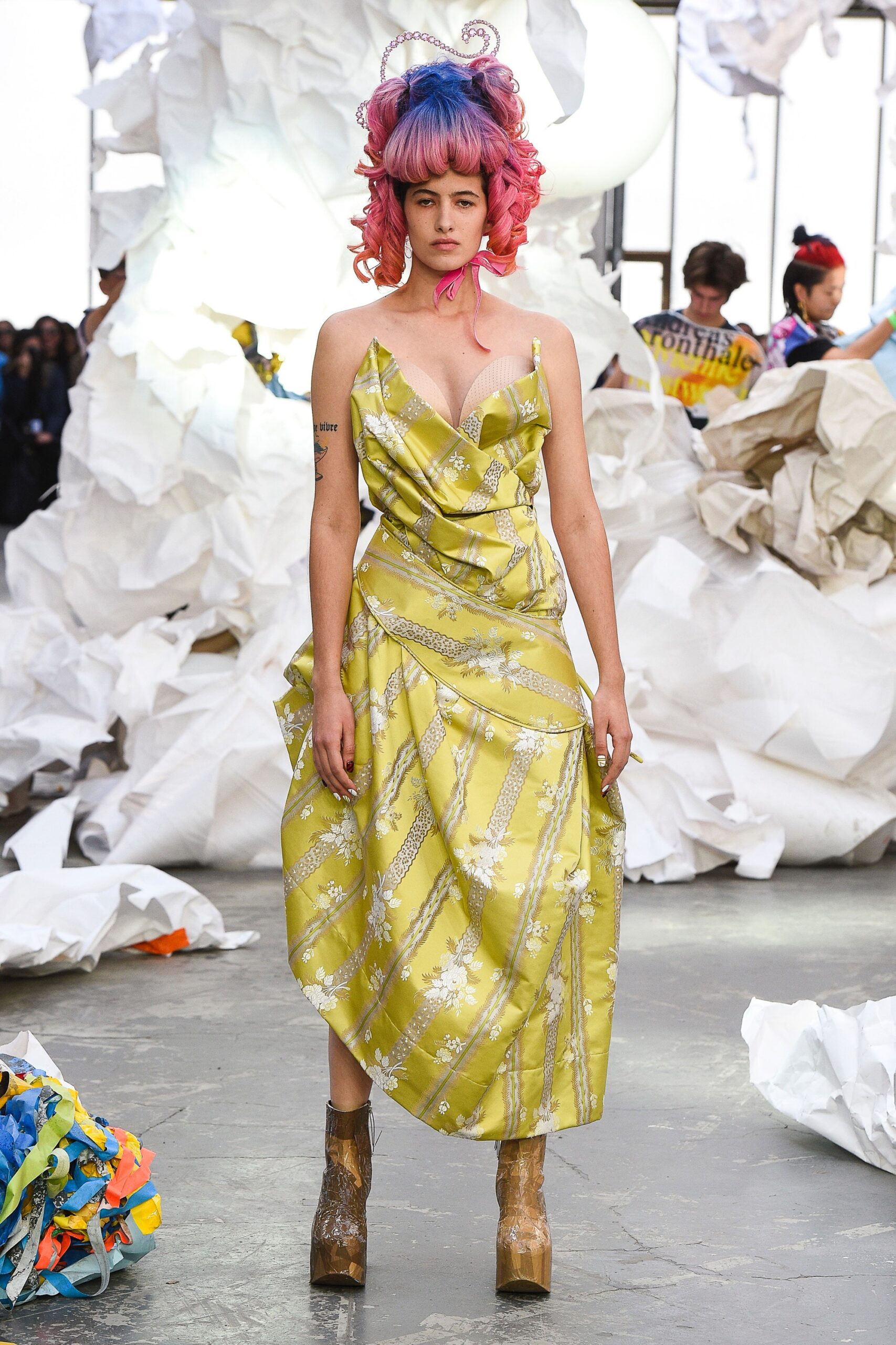 fitted yellow silk midi dress