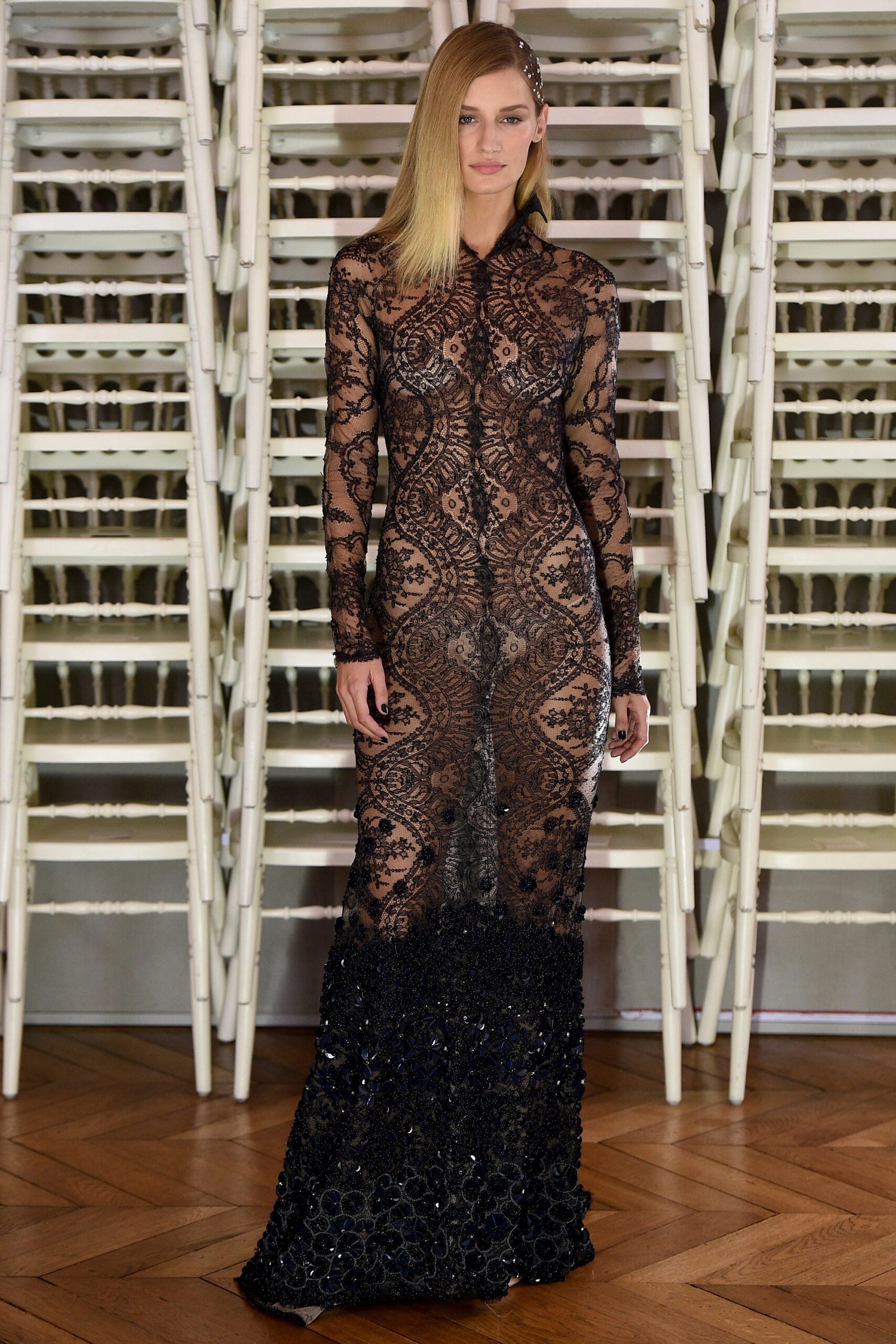 black lace embroidered gown