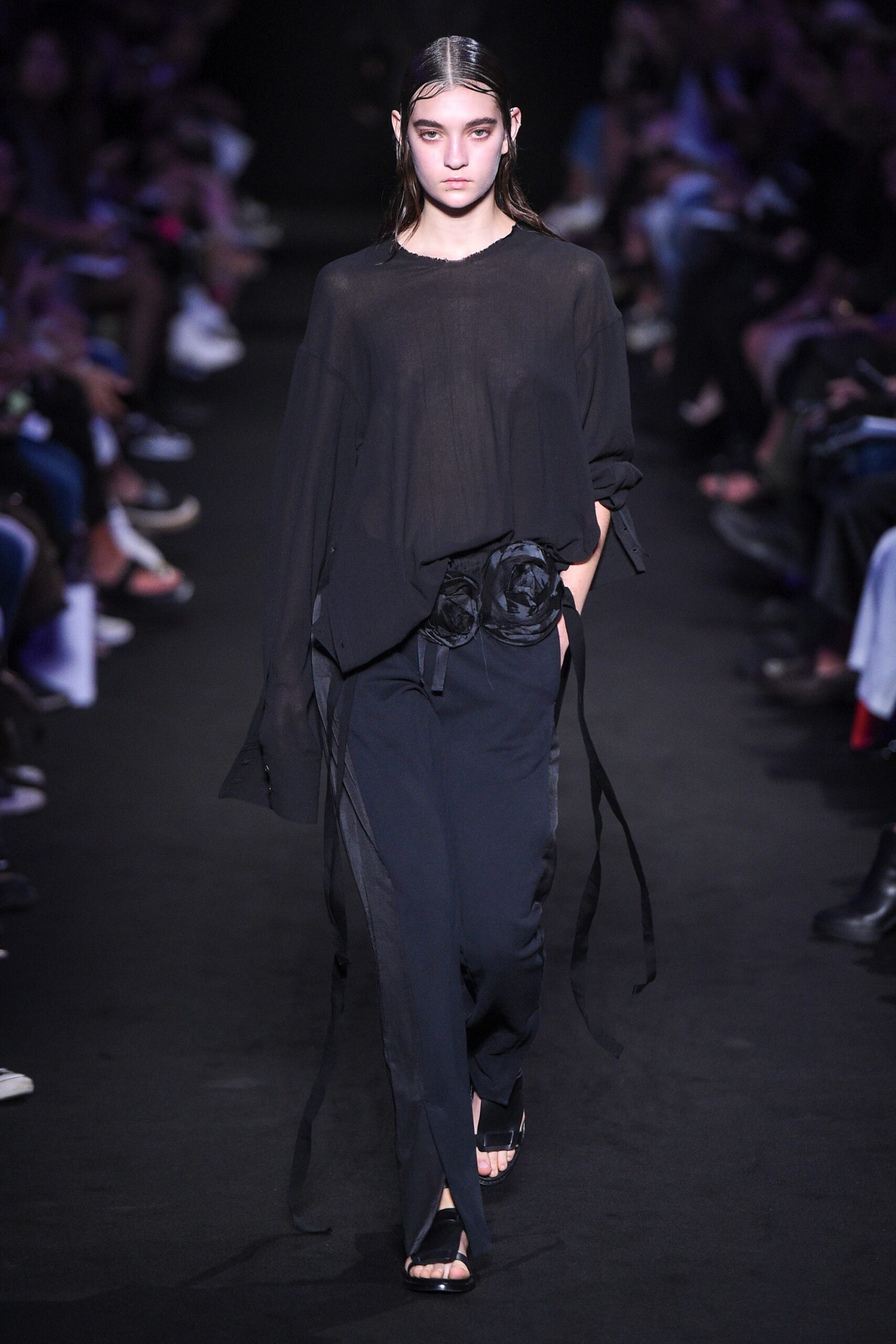 black silk long-sleeve collared relaxed draped sheer top