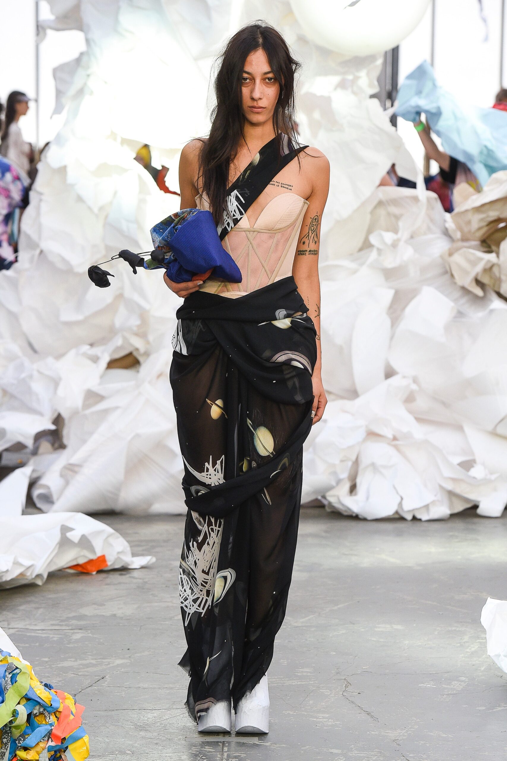 black silk draped midi dress with corset