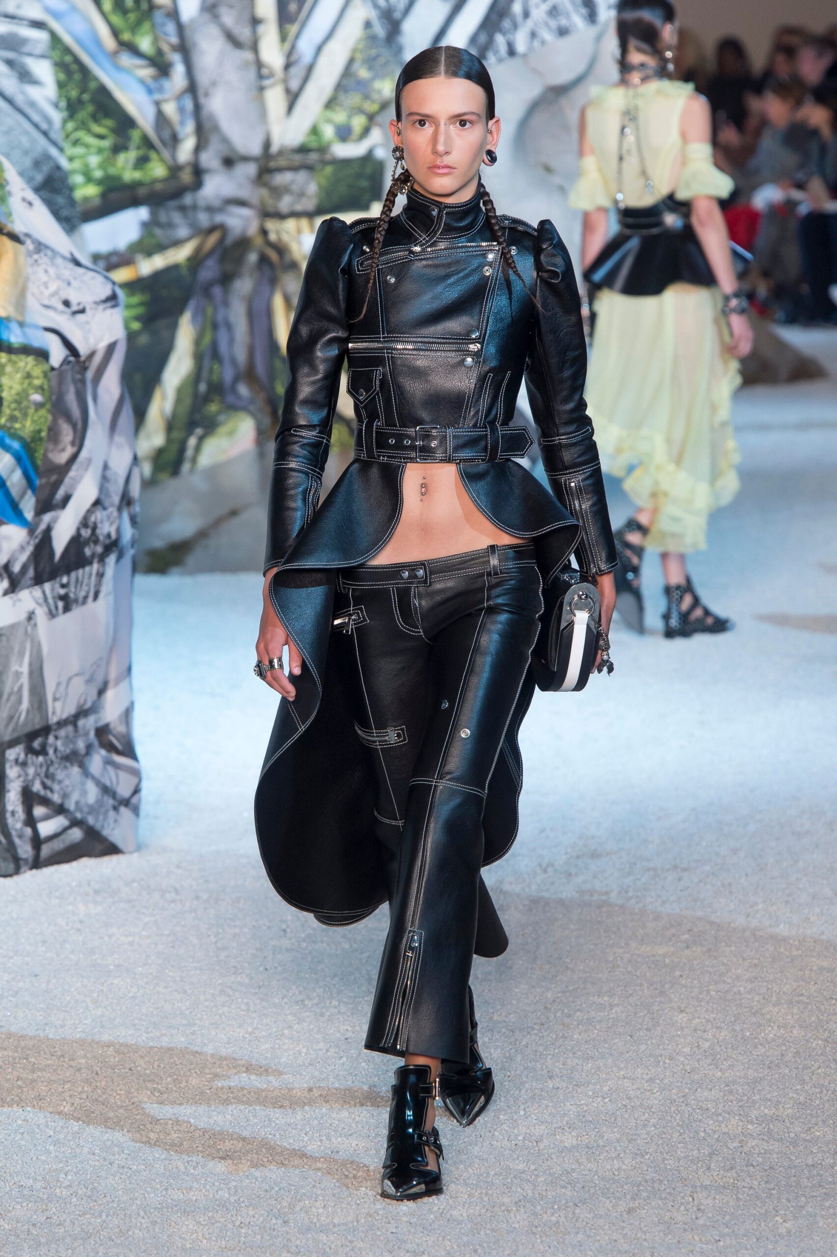 black leather fitted jacket and pants