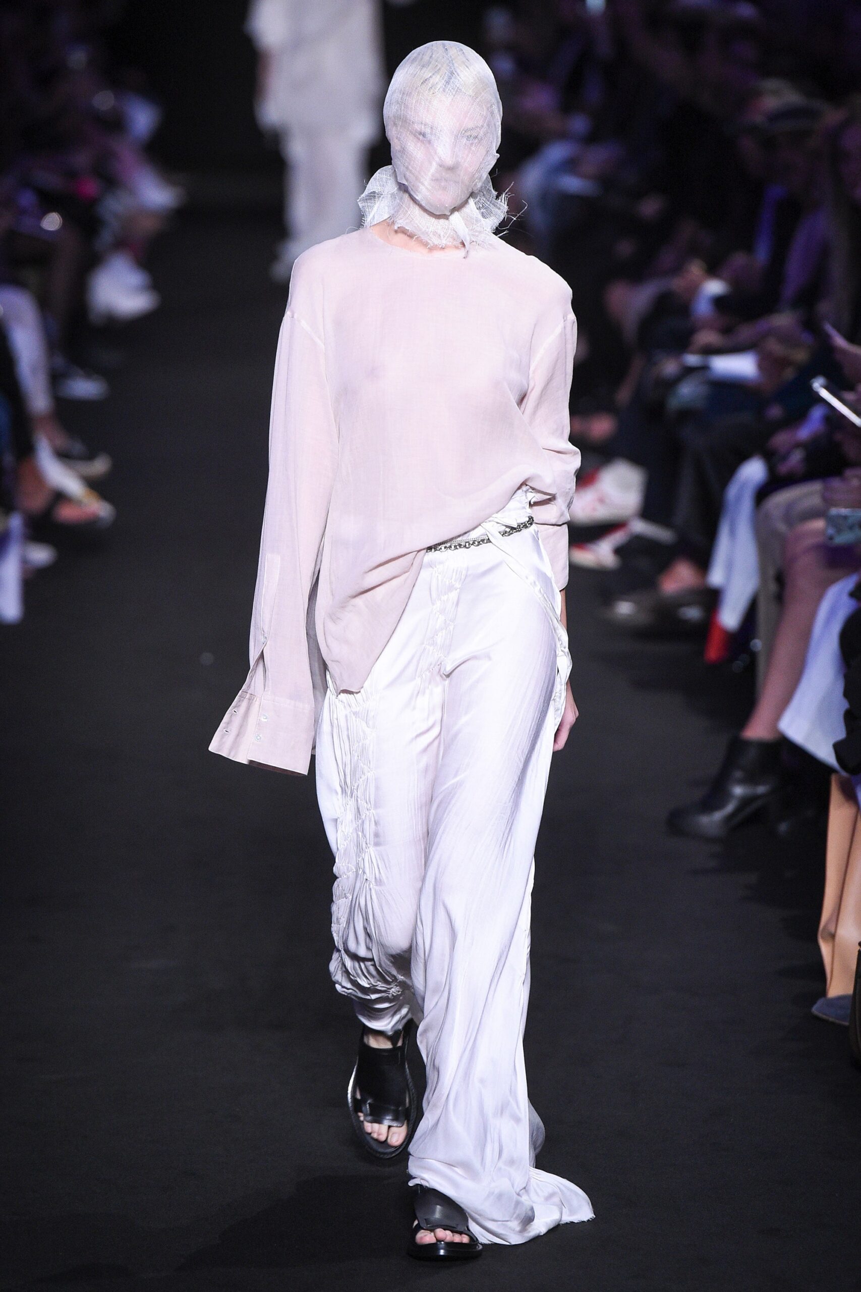 white silk long-sleeve collared relaxed draped top