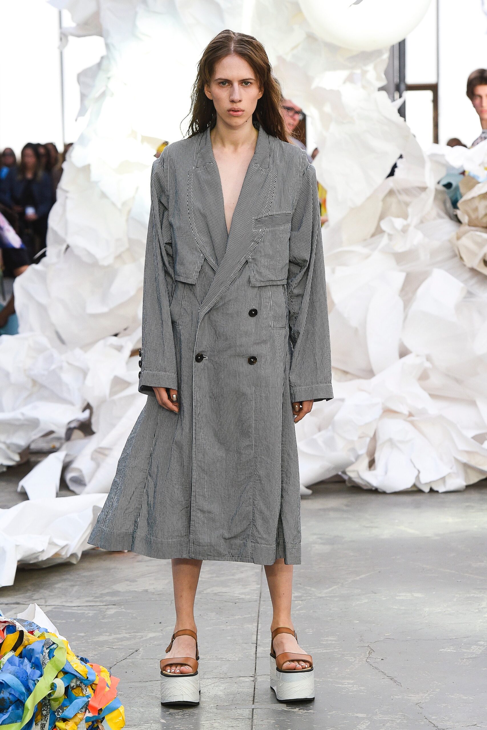 gray cotton long-sleeve collared relaxed striped buttoned coat