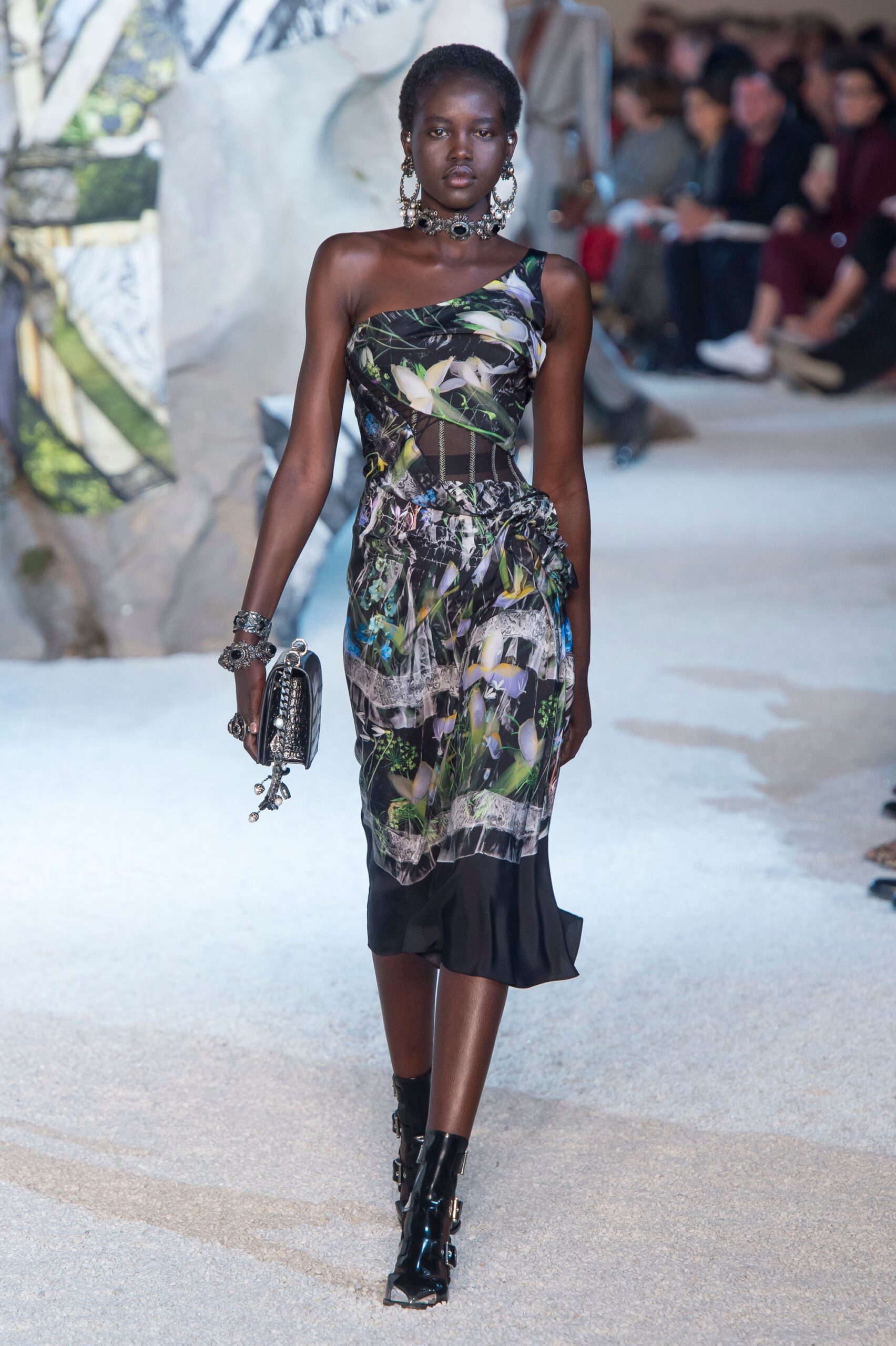 black multi printed midi dress