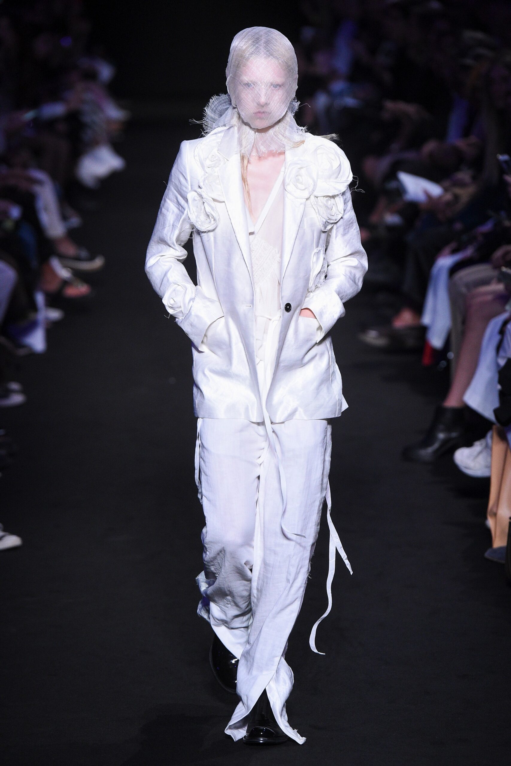 fitted white silk suit