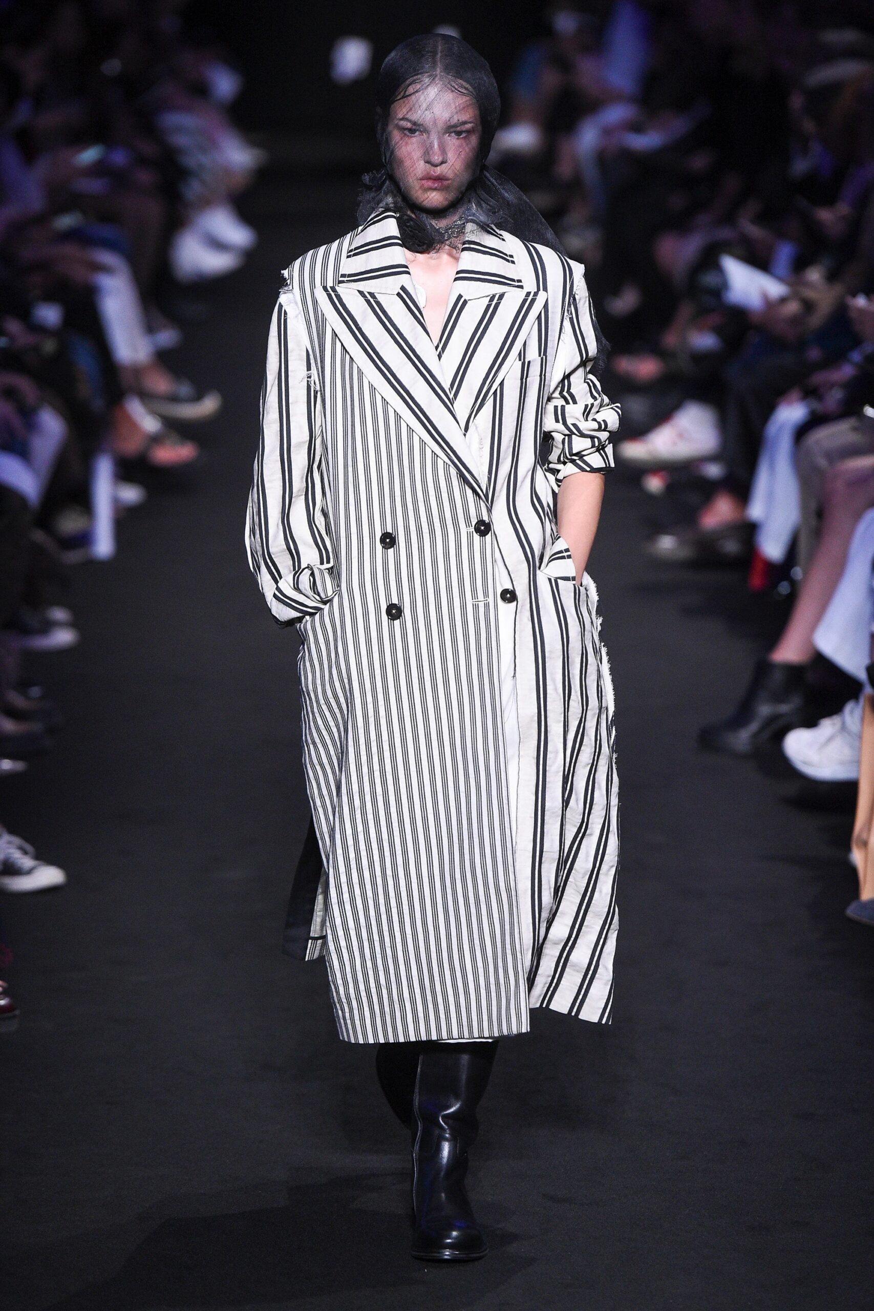 striped black and white trench coat