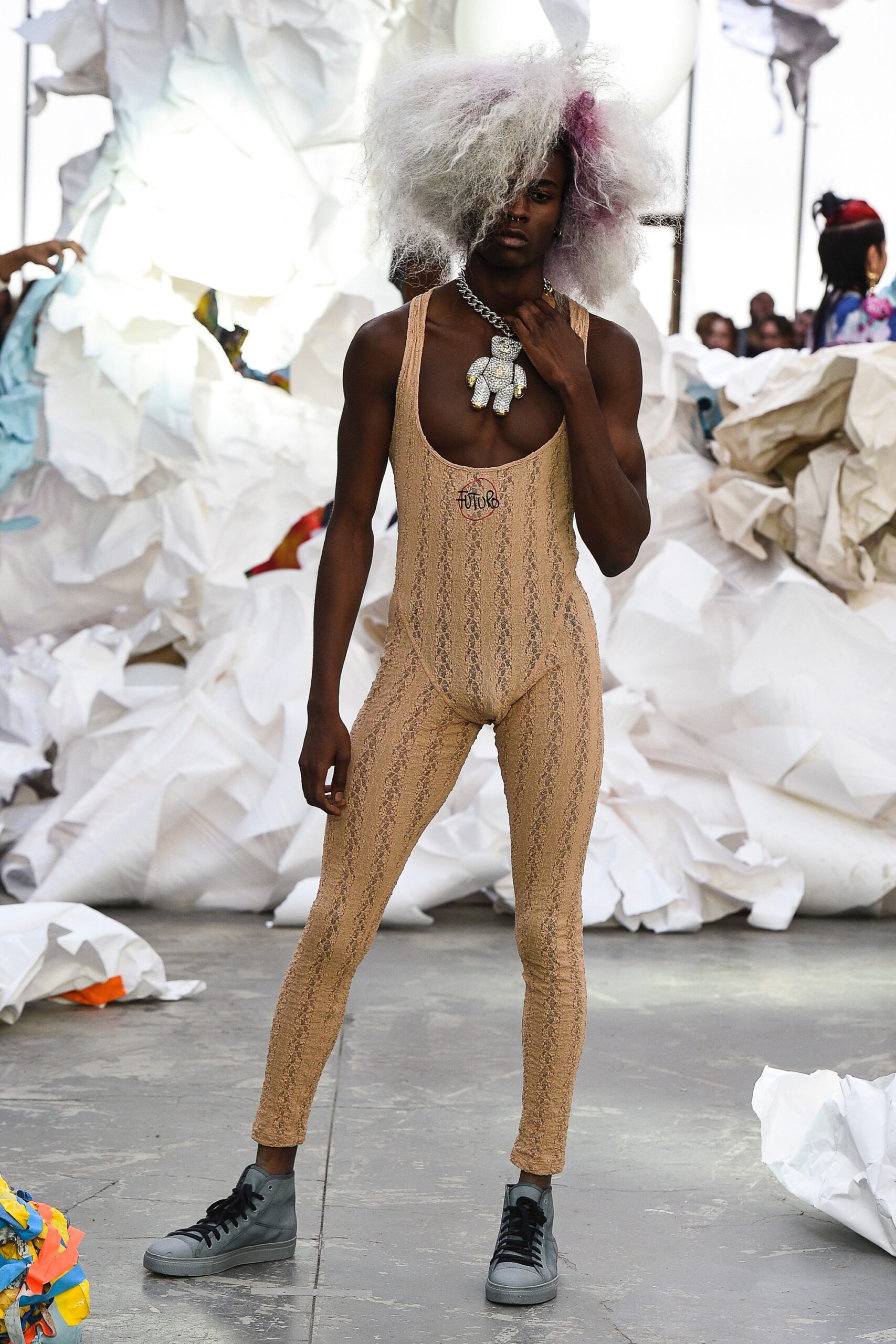beige ribbed sleeveless catsuit