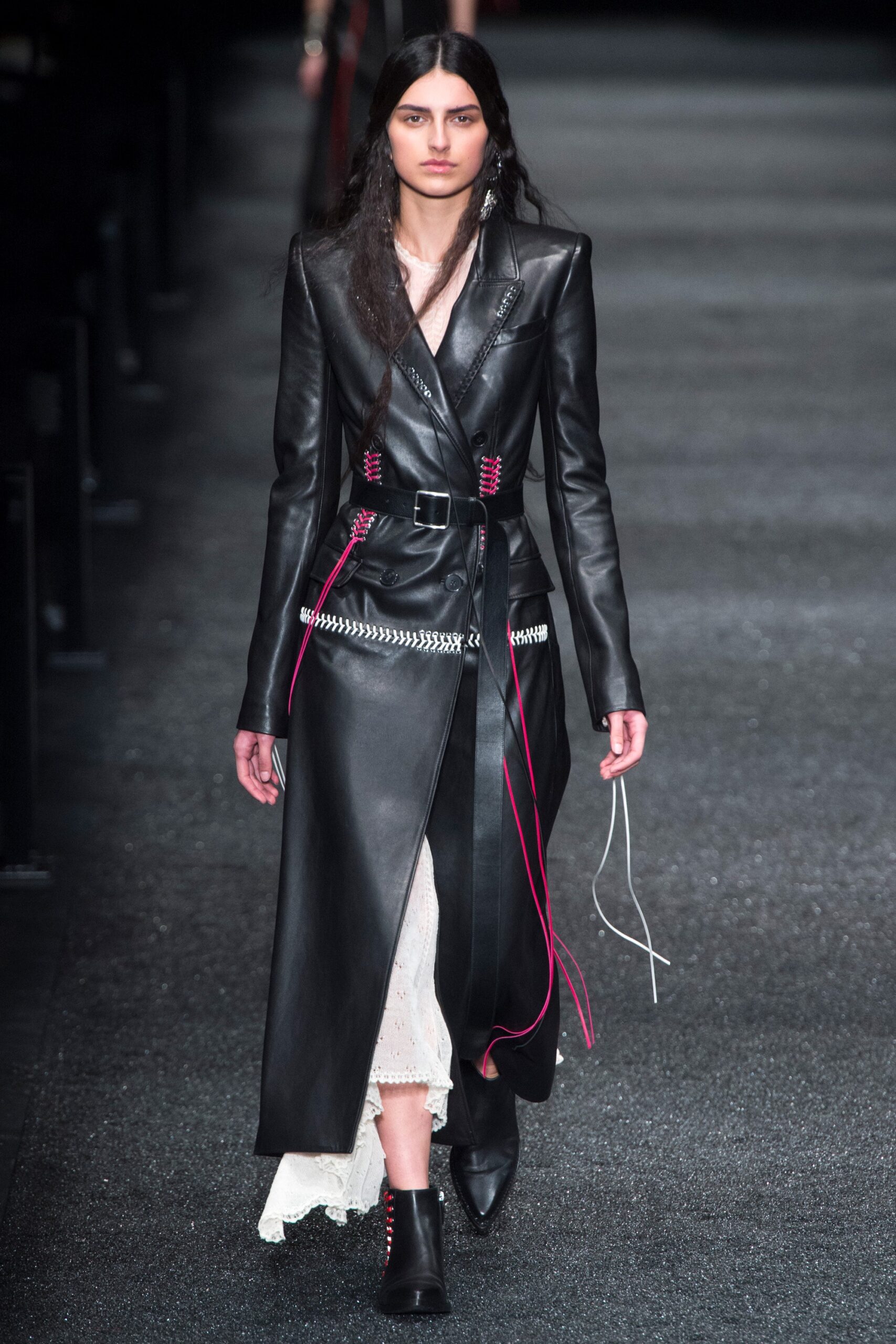 black leather long-sleeve collared fitted belted zippered coat