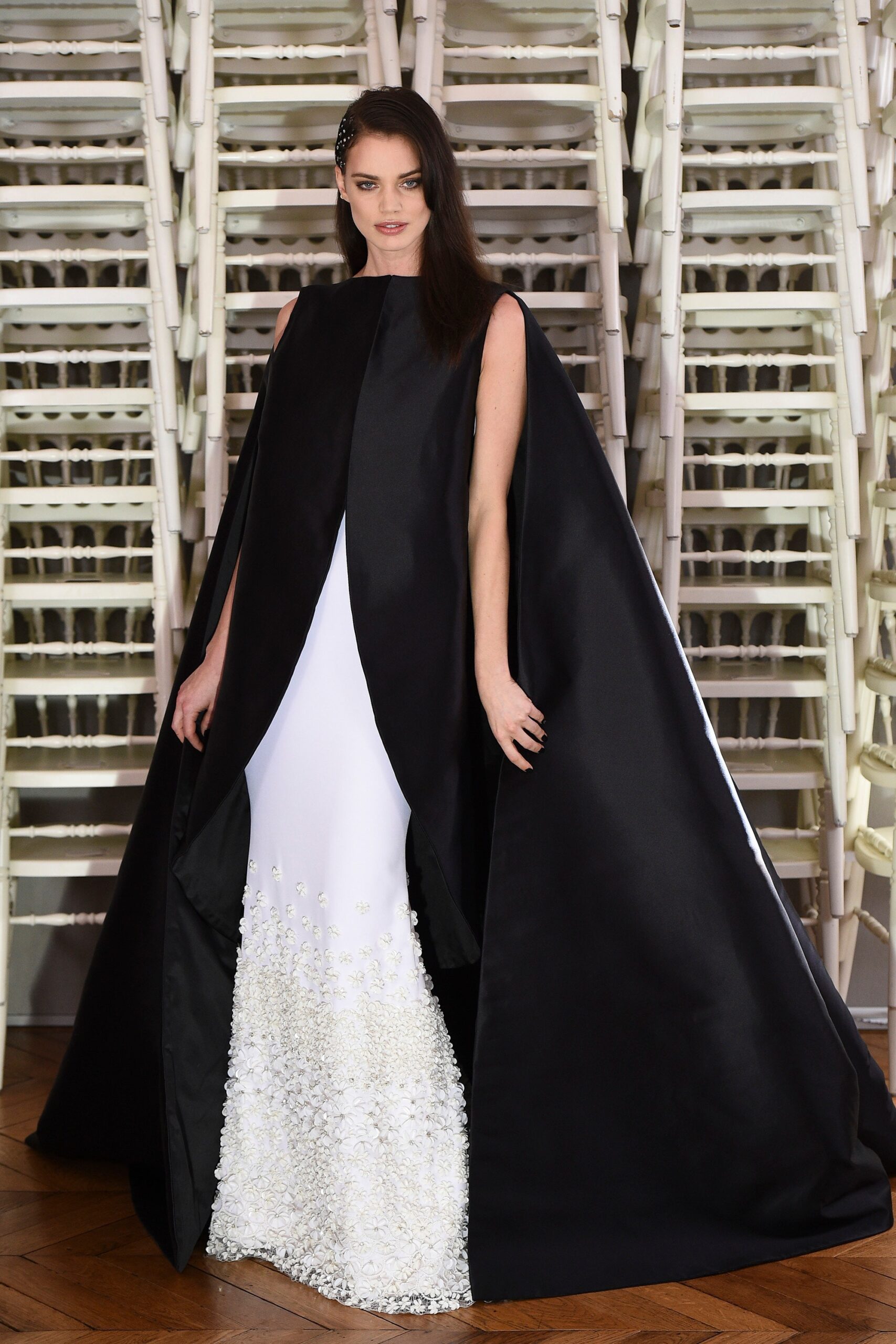 black silk gown with cape