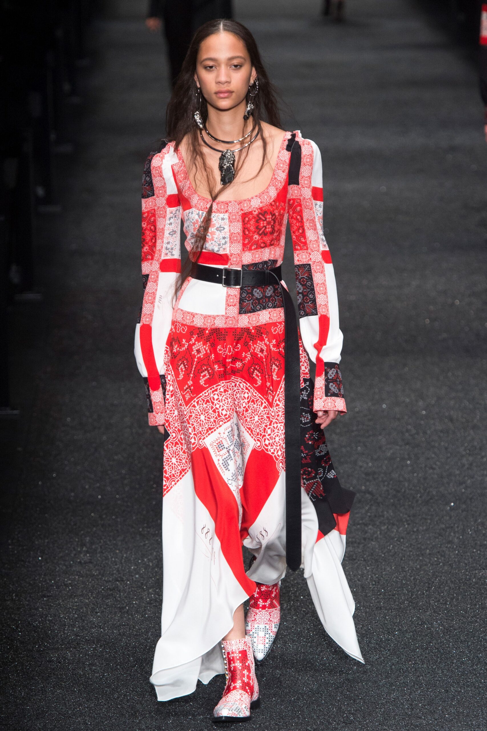 red silk long-sleeve v-neck fitted printed tiered dress