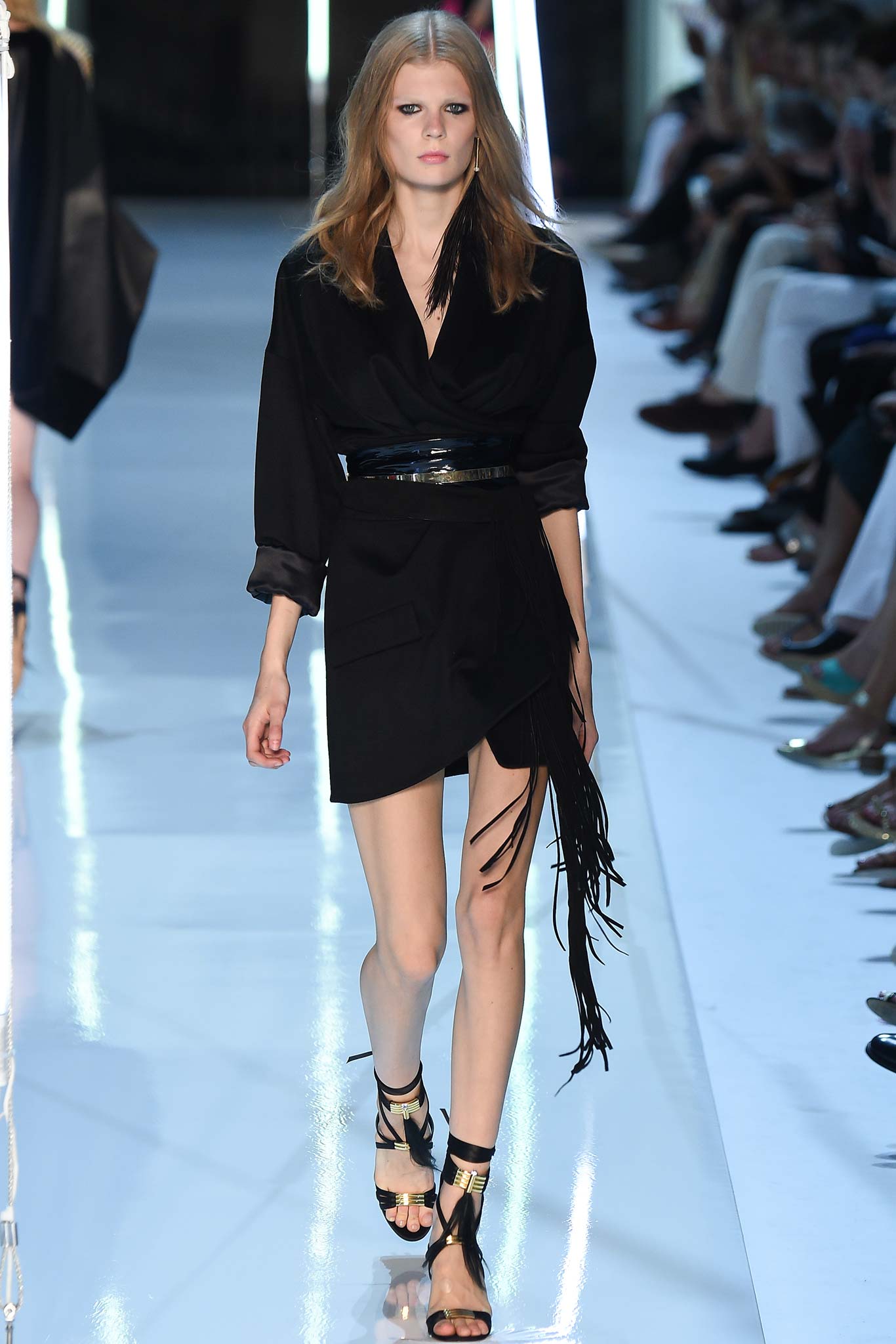 black silk long-sleeve v-neck fitted fringed mini dress
