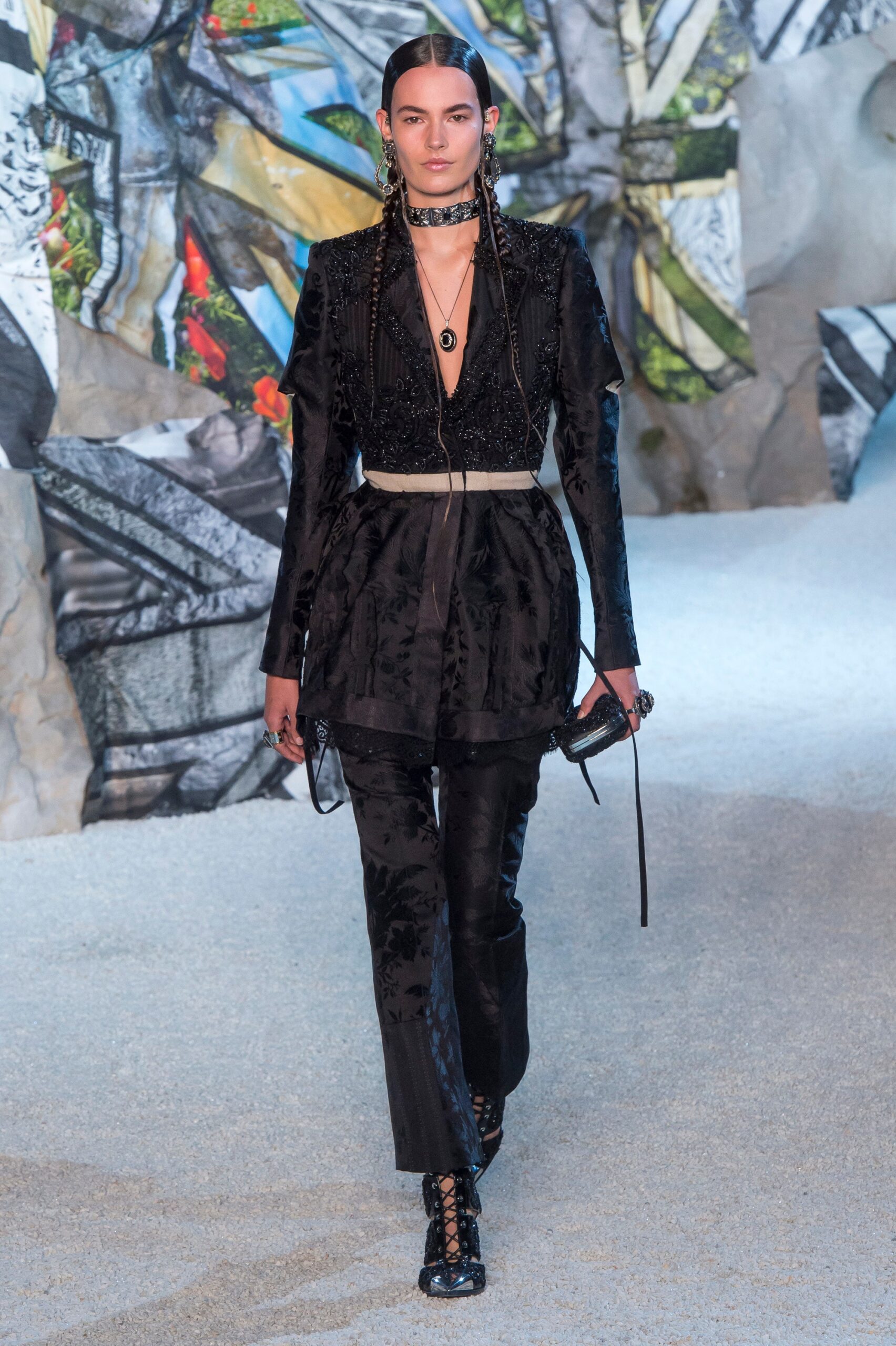 black silk blouse and tailored pants