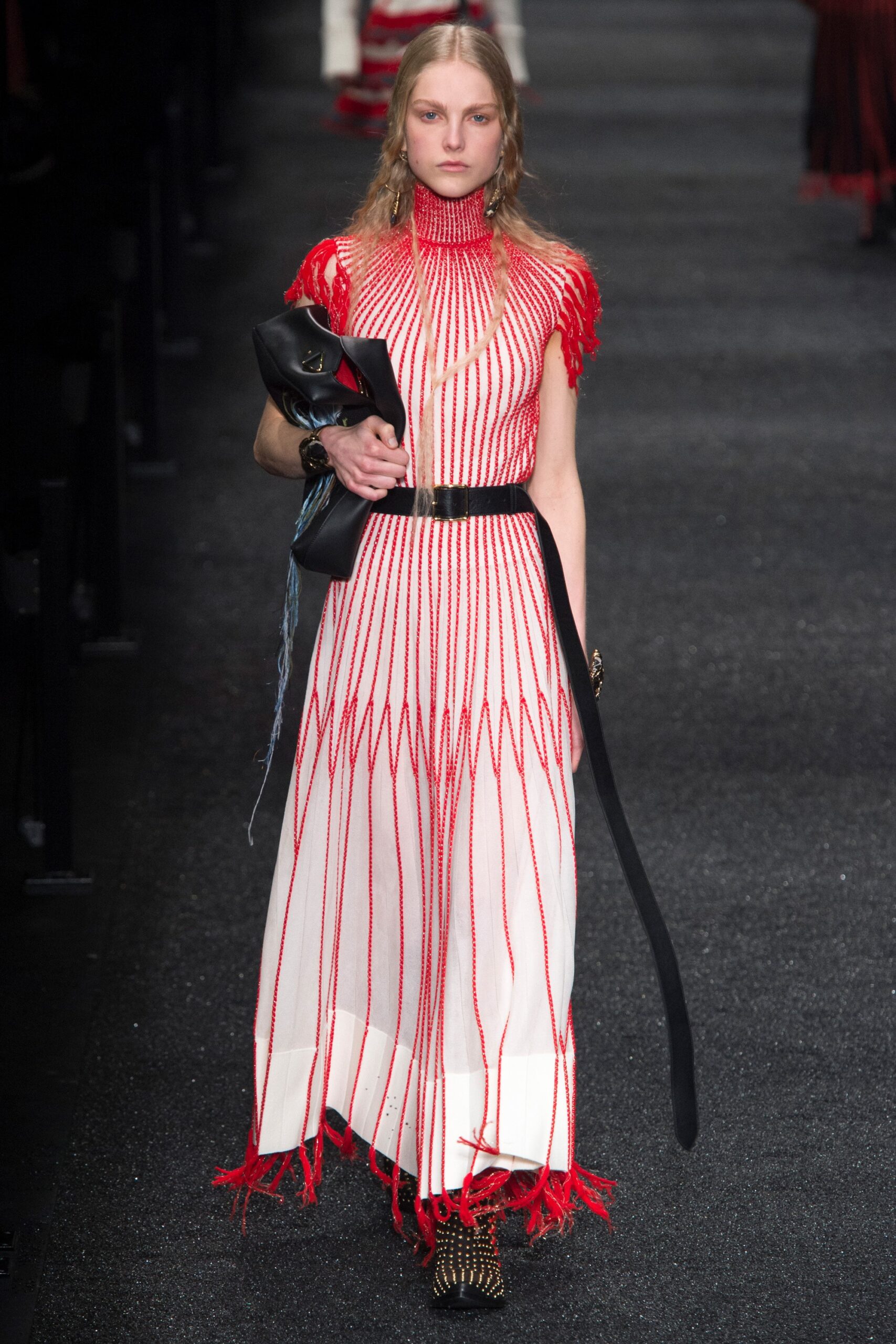 white and red fringed maxi dress