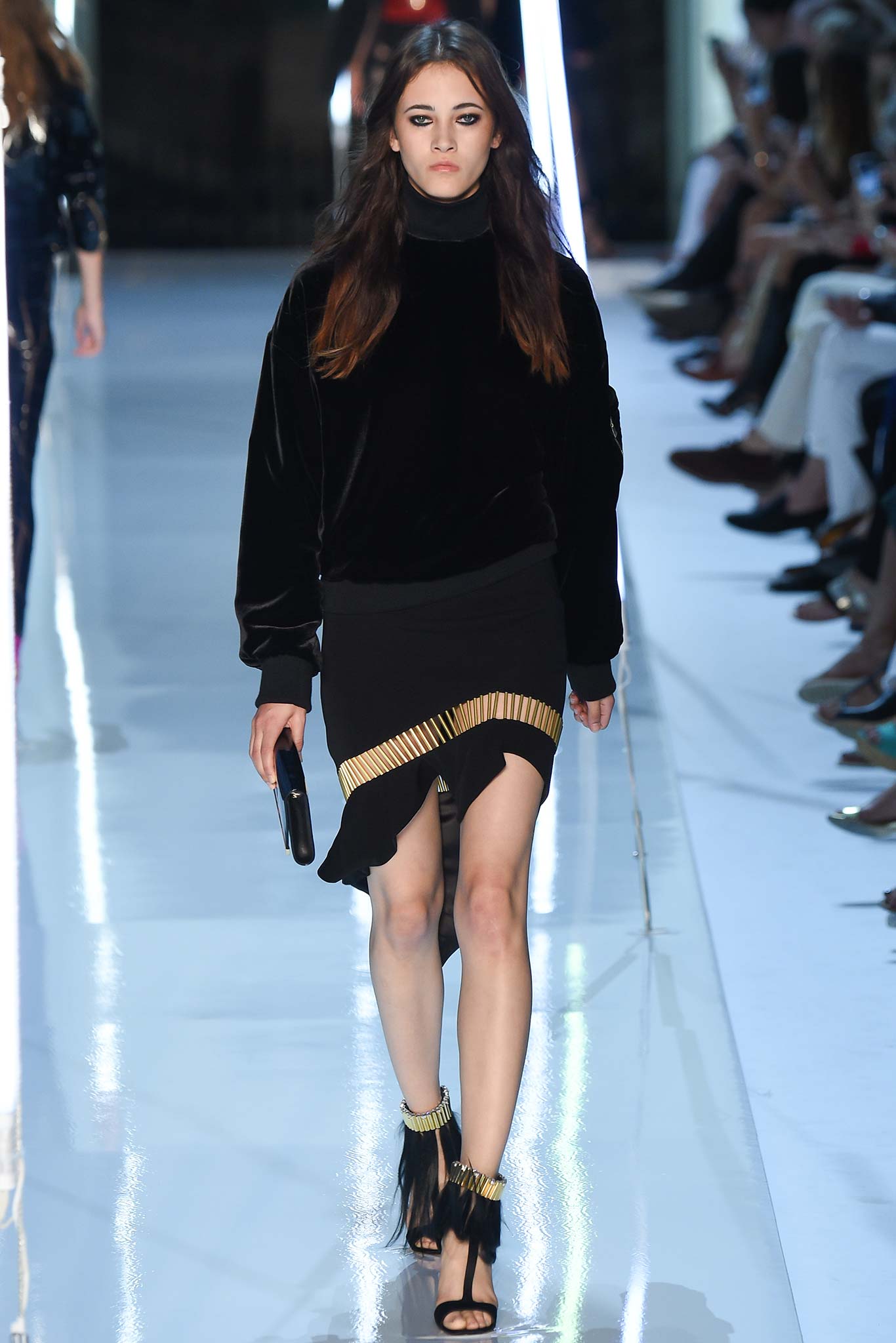 black velvet asymmetric fitted fringed mini skirt