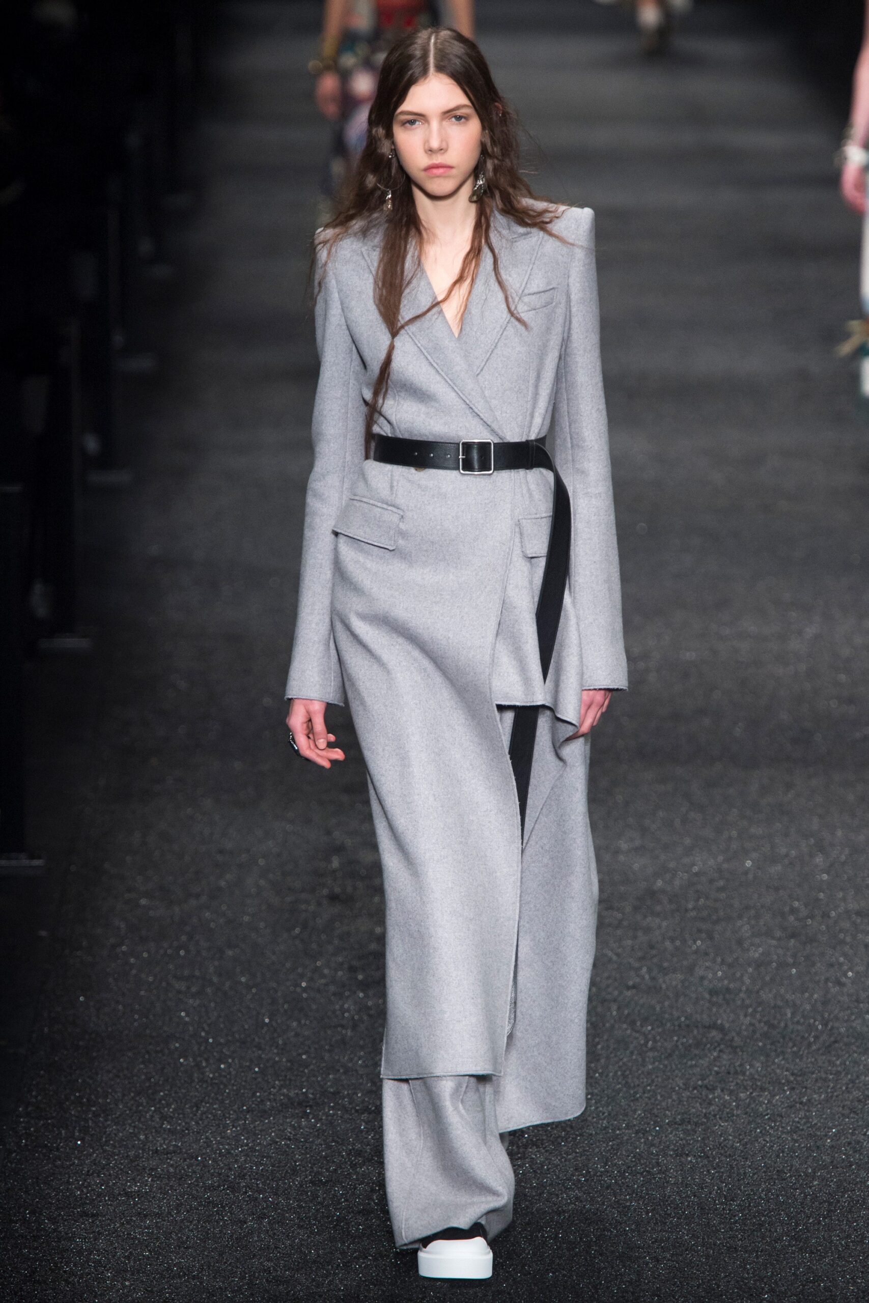 gray tailored suit with belt