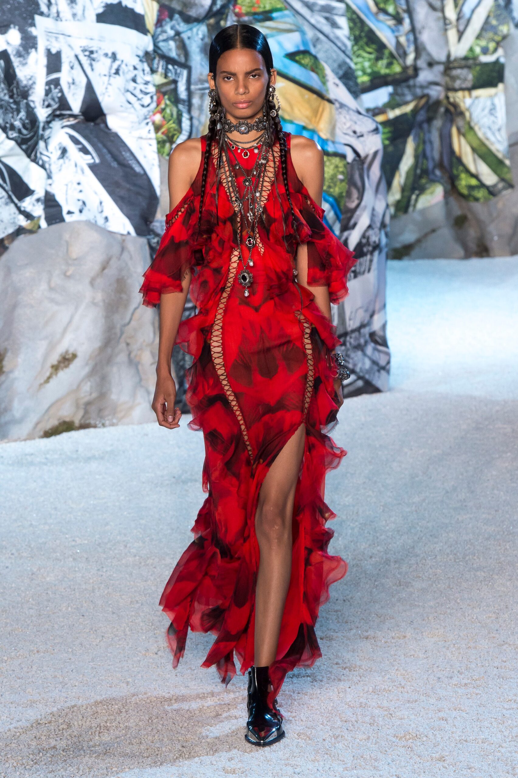 red silk off-shoulder dress