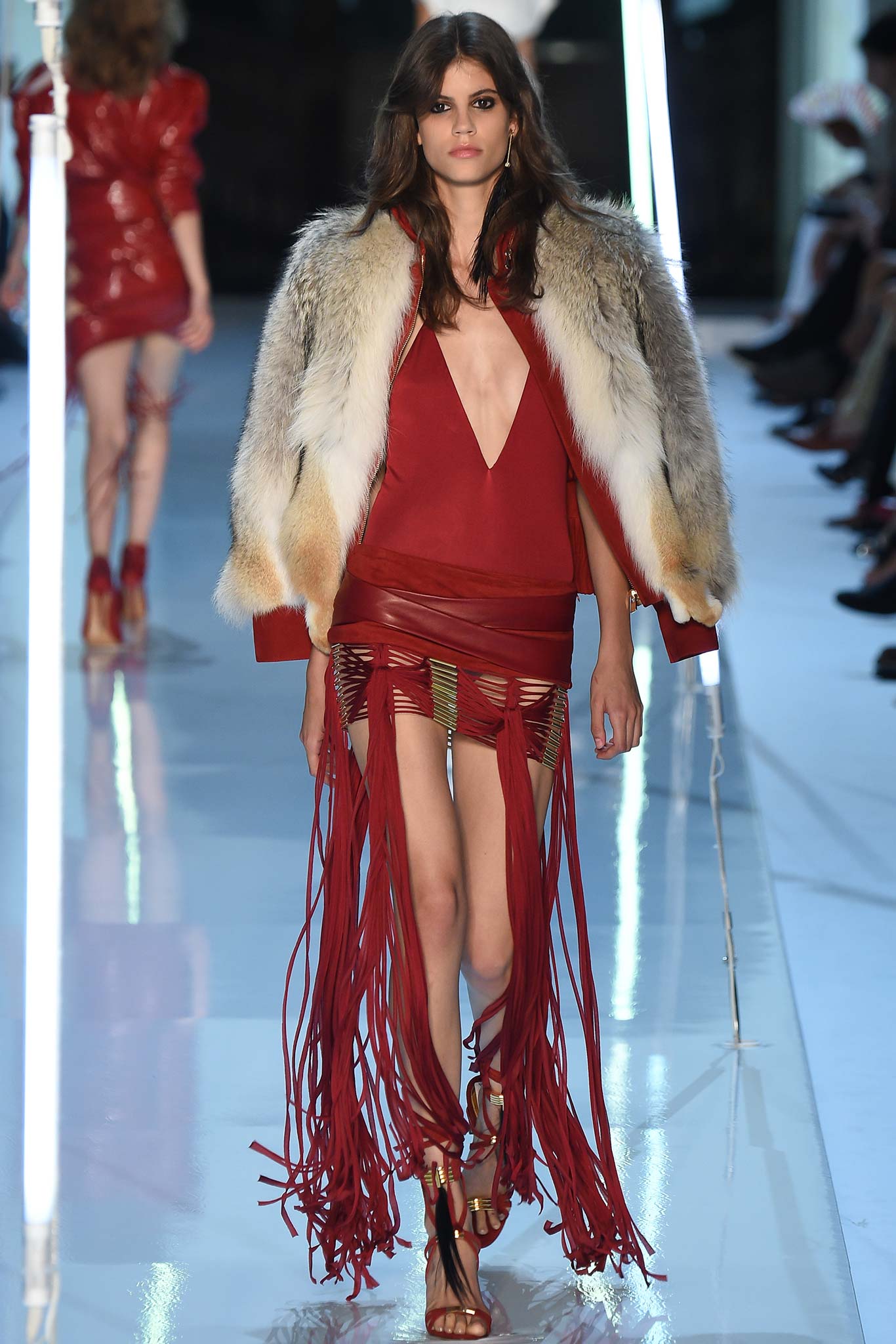 red leather sleeveless v-neck fitted fringed mini dress