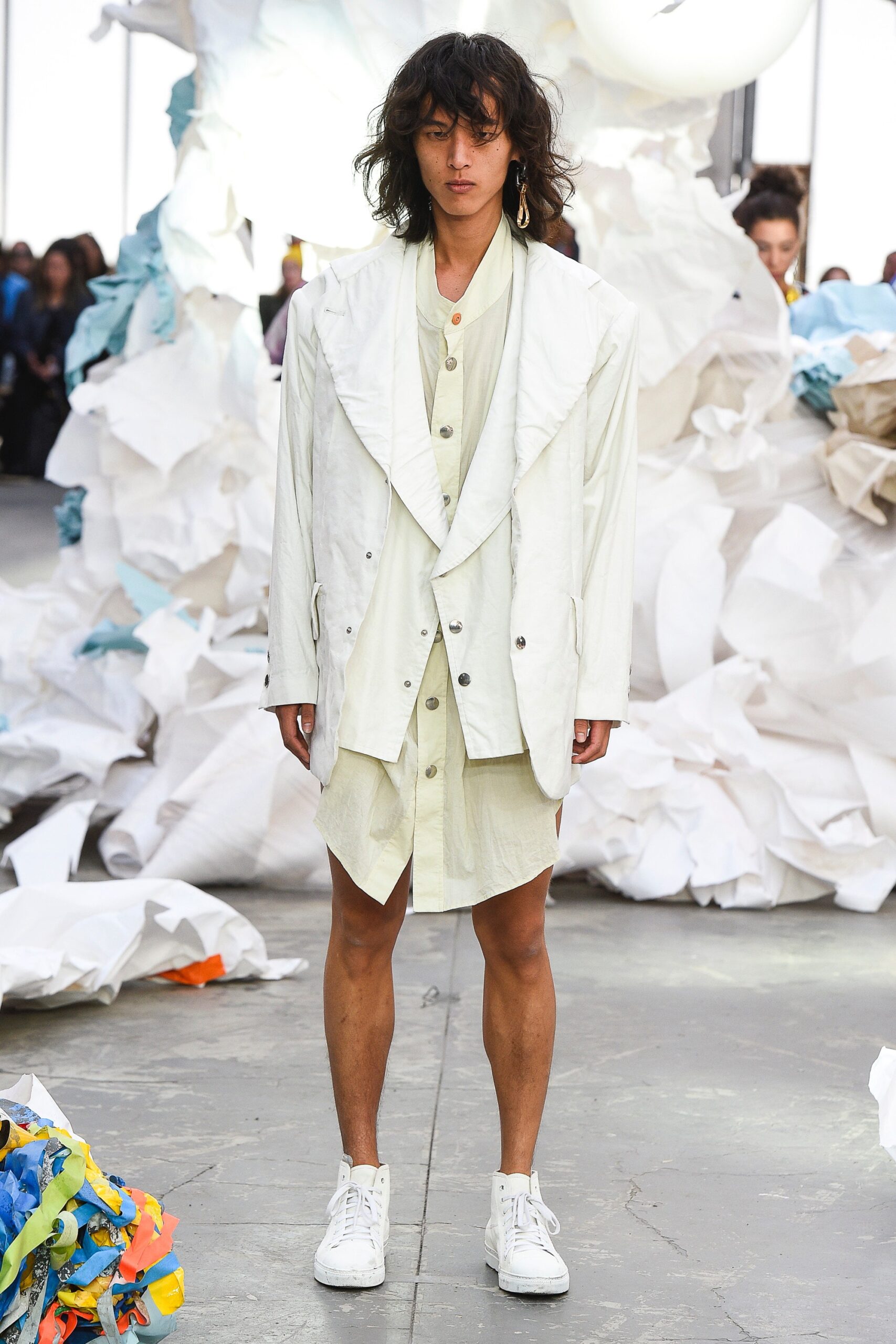 oversized white blazer and beige shirt-dress