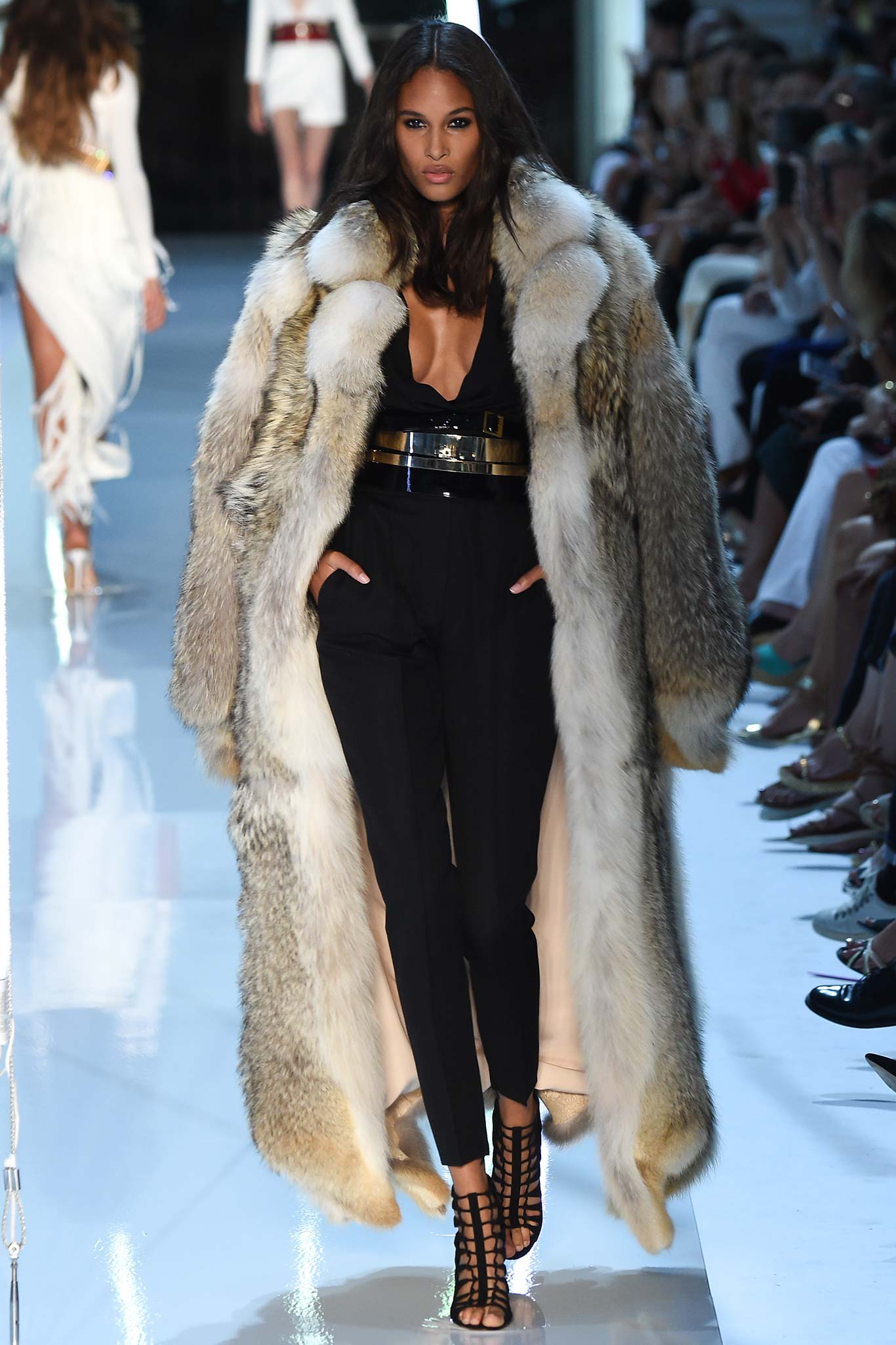 gray fur long-sleeve v-neck oversized draped maxi coat