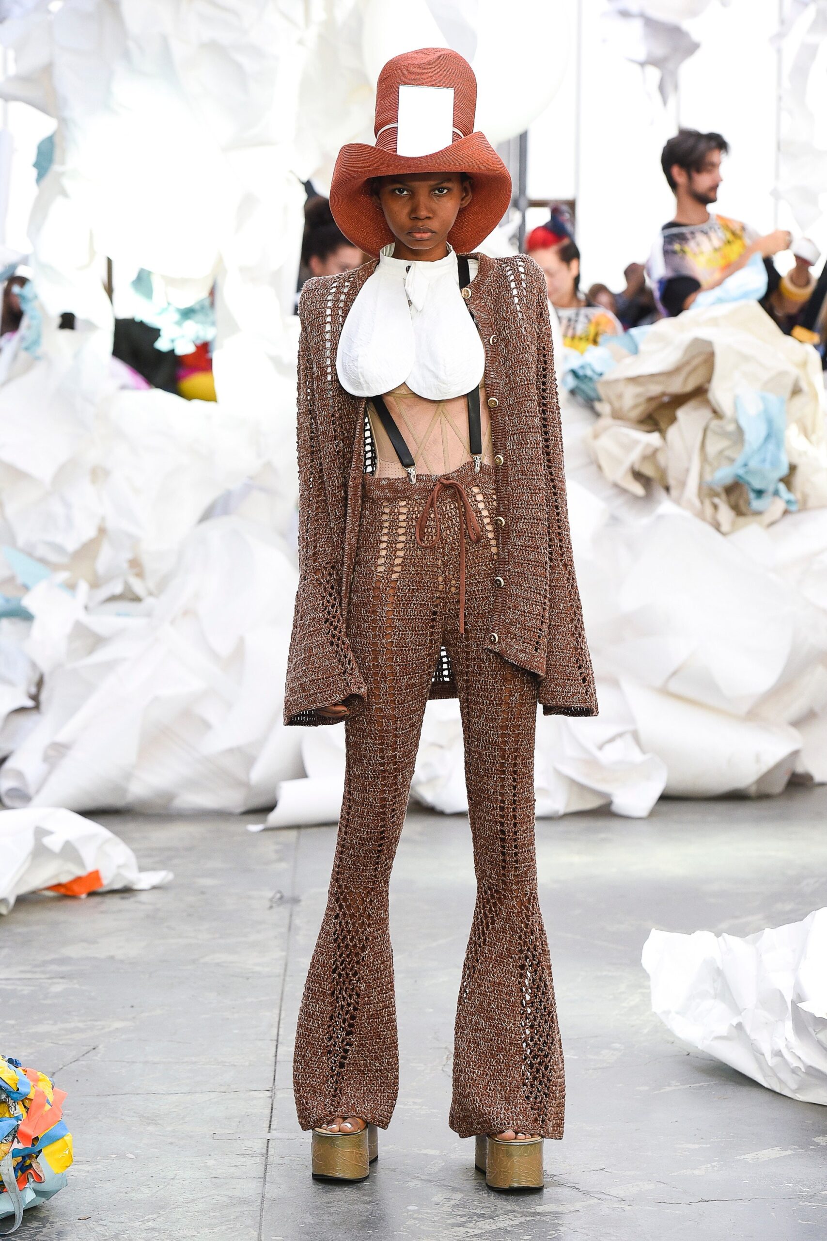 brown crochet top and pants