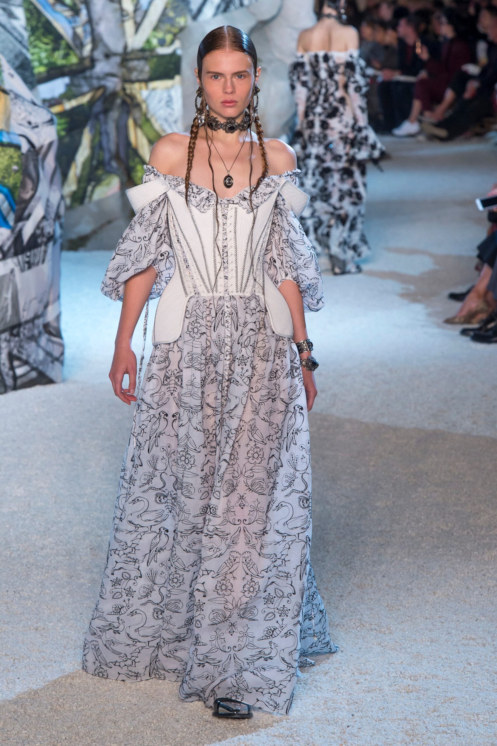 white and black embroidered gown