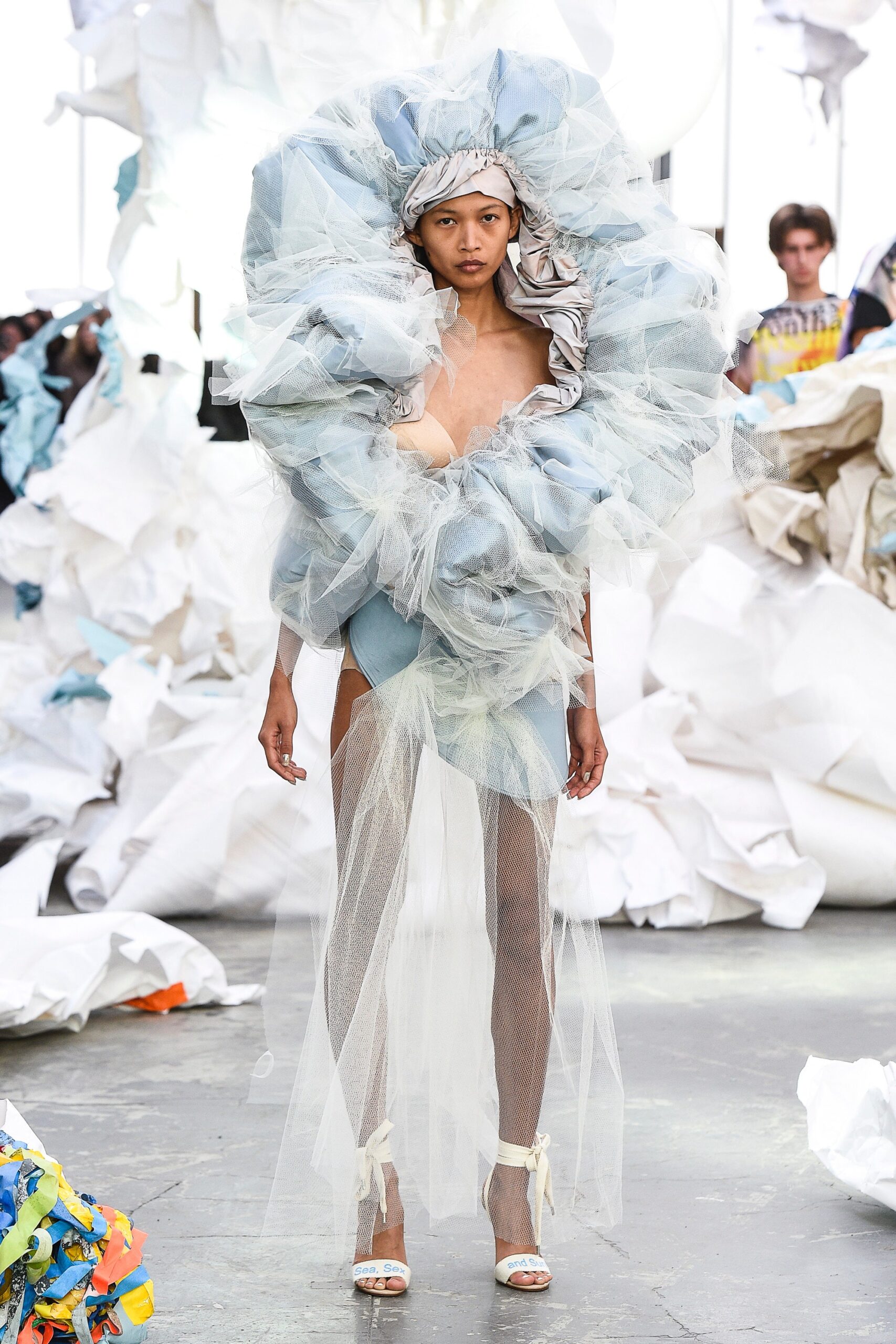 blue and white layered ruffled dress