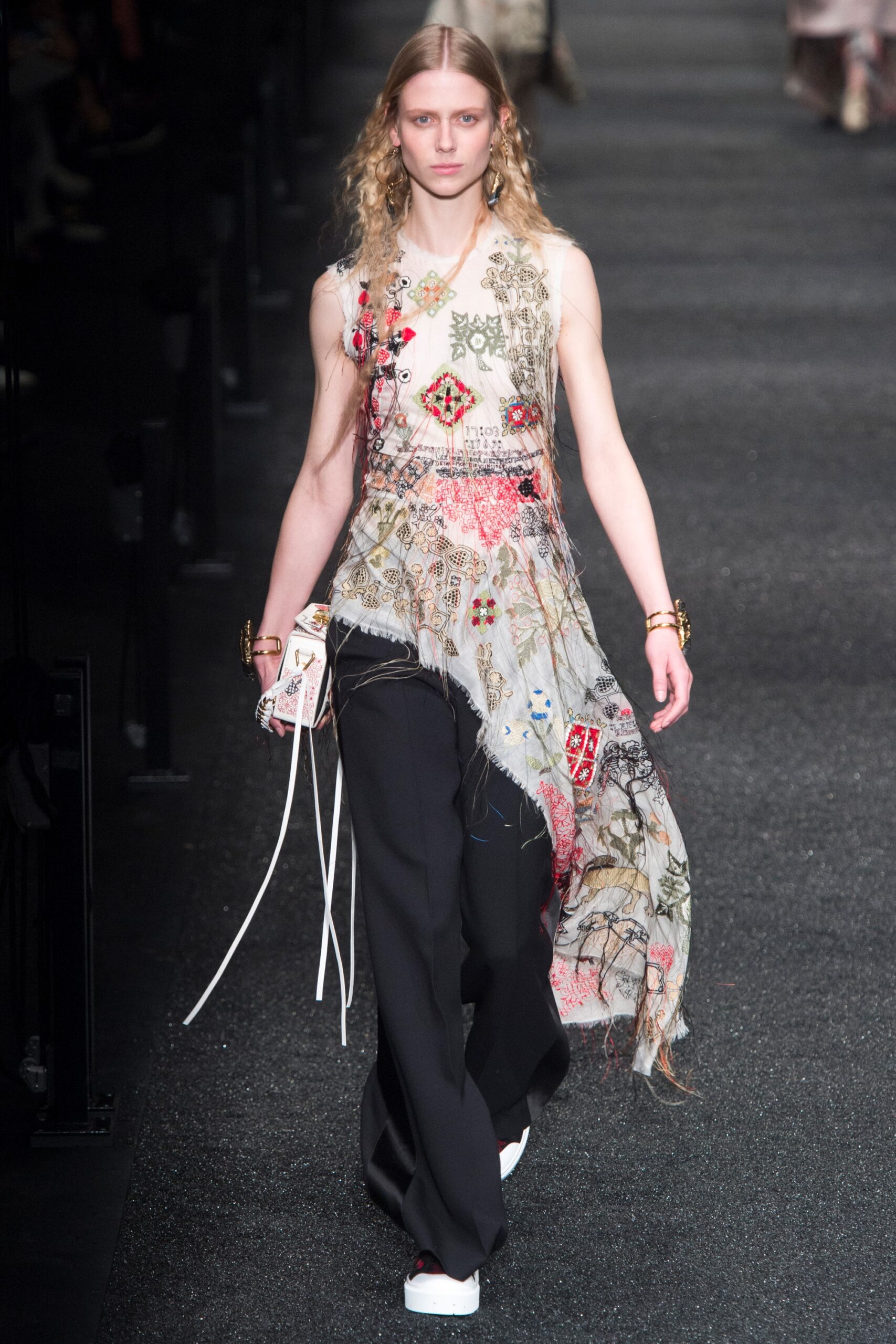 relaxed embroidered silk top with tailored pants