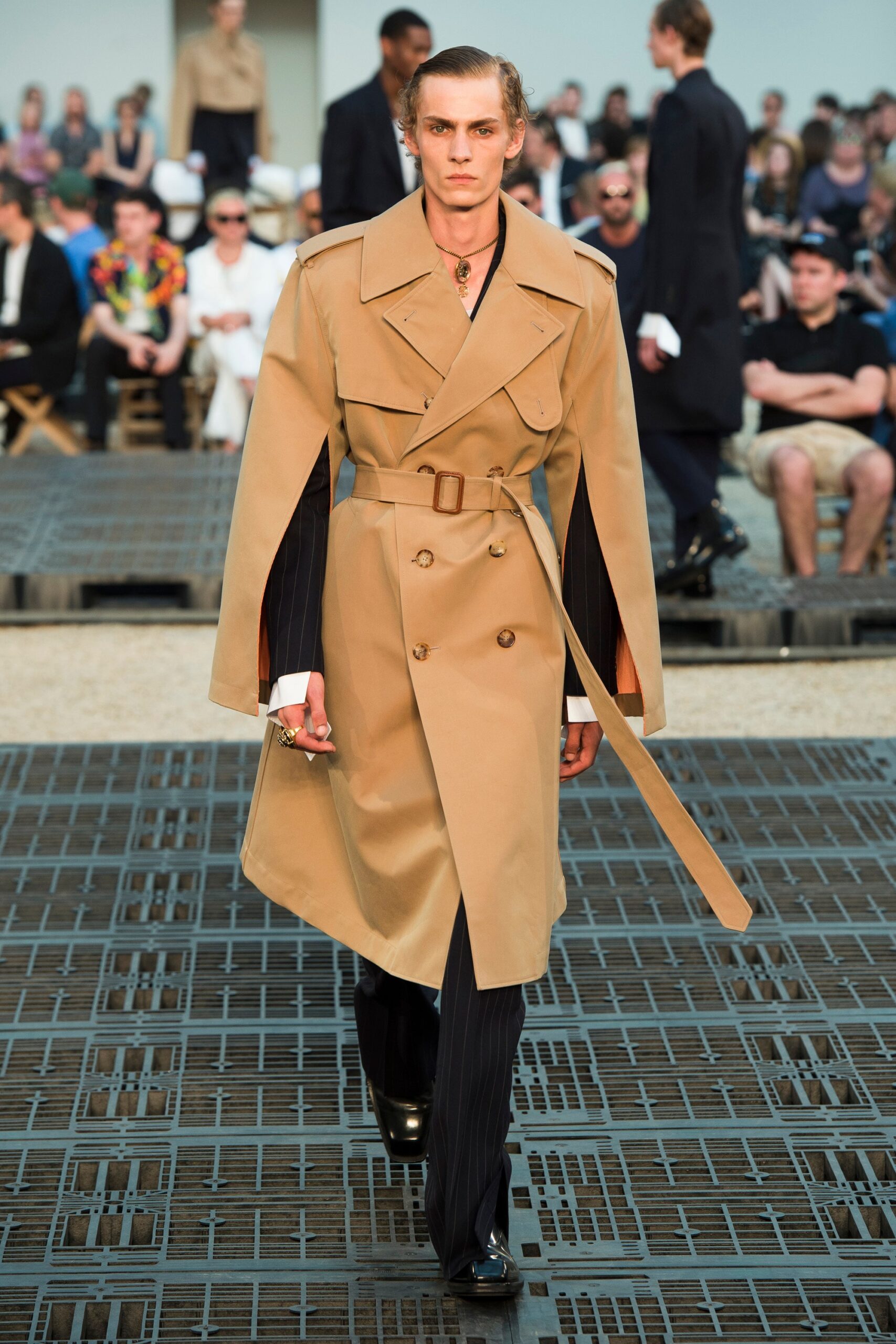 beige cotton long-sleeve collared structured belted trench
