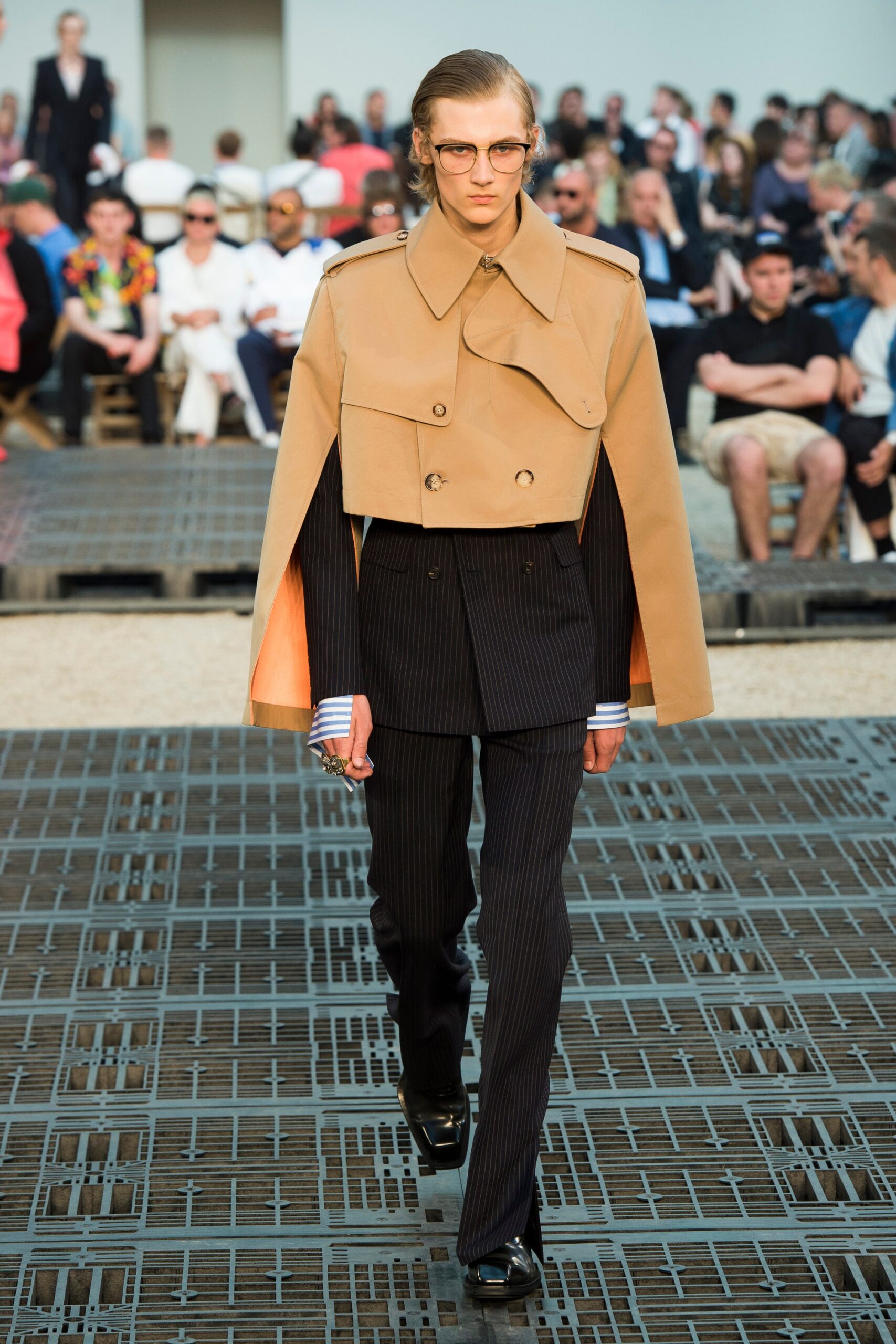beige wool long-sleeve collared structured buttoned cape